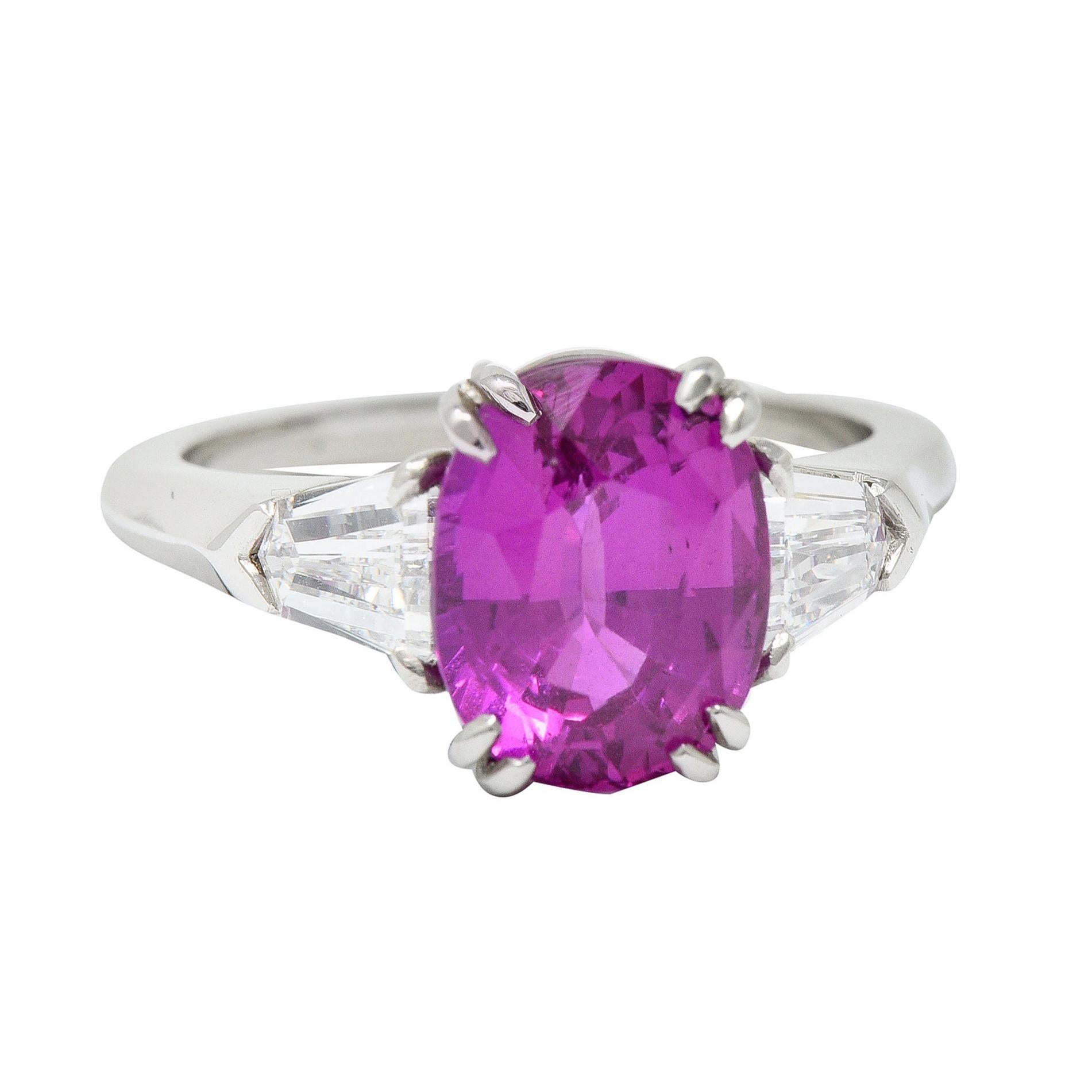 Classic 4.11 Carats Pink Sapphire Diamond Platinum Three Stone Ring AGL