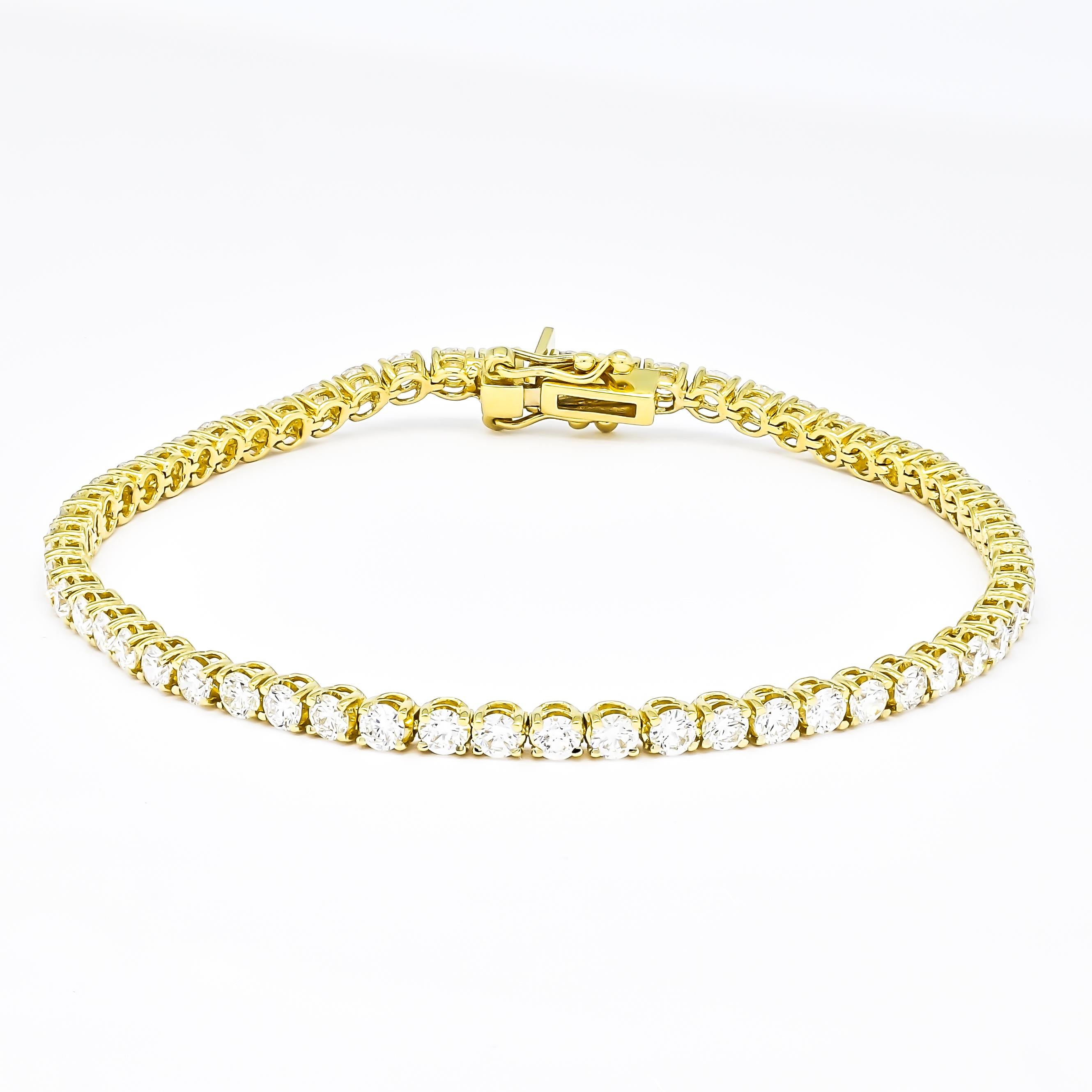 Taille brillant Classic 5.00Carat Four Prong Tennis Bracelet en or jaune 18k Diamants naturels en vente