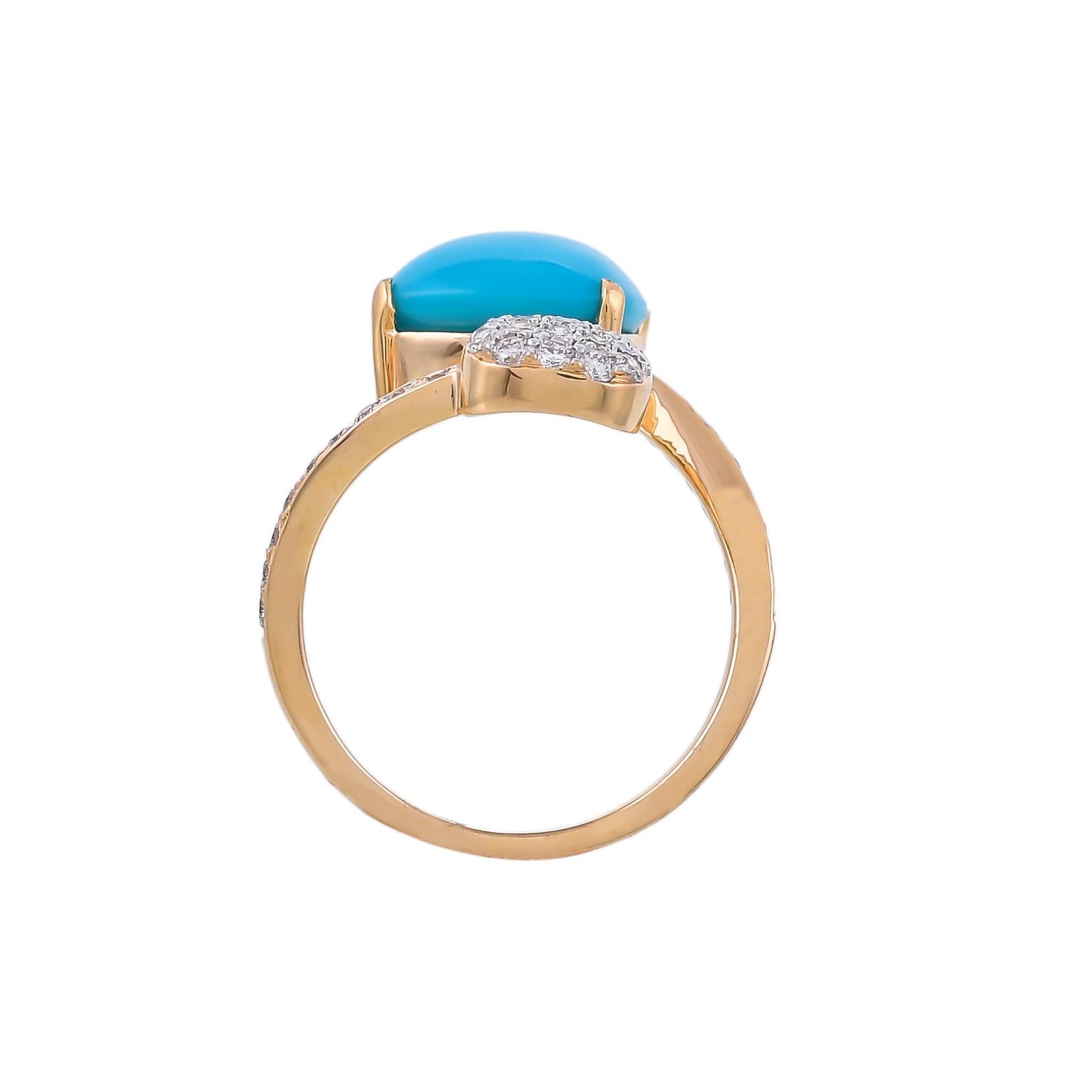 Add a classy touch of elegance to your looks with this simple yet understated ring. Handcrafted in 18 karats yellow gold, this ring features 5.22 carats cushion-shaped turquoise and 0.49 carats pave set sparkling white diamonds.
Accentuate your look