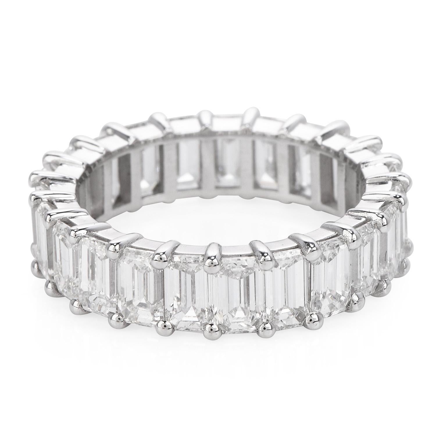 This Classic This eternity wedding band ring has a classic timeless look,

Crafted in solid 14K white gold, it is adorned by (23) Baguette-cut, pave set, genuine diamonds

weighing in total 5.74 carats, (F-G color and VS1 clarity),

This piece