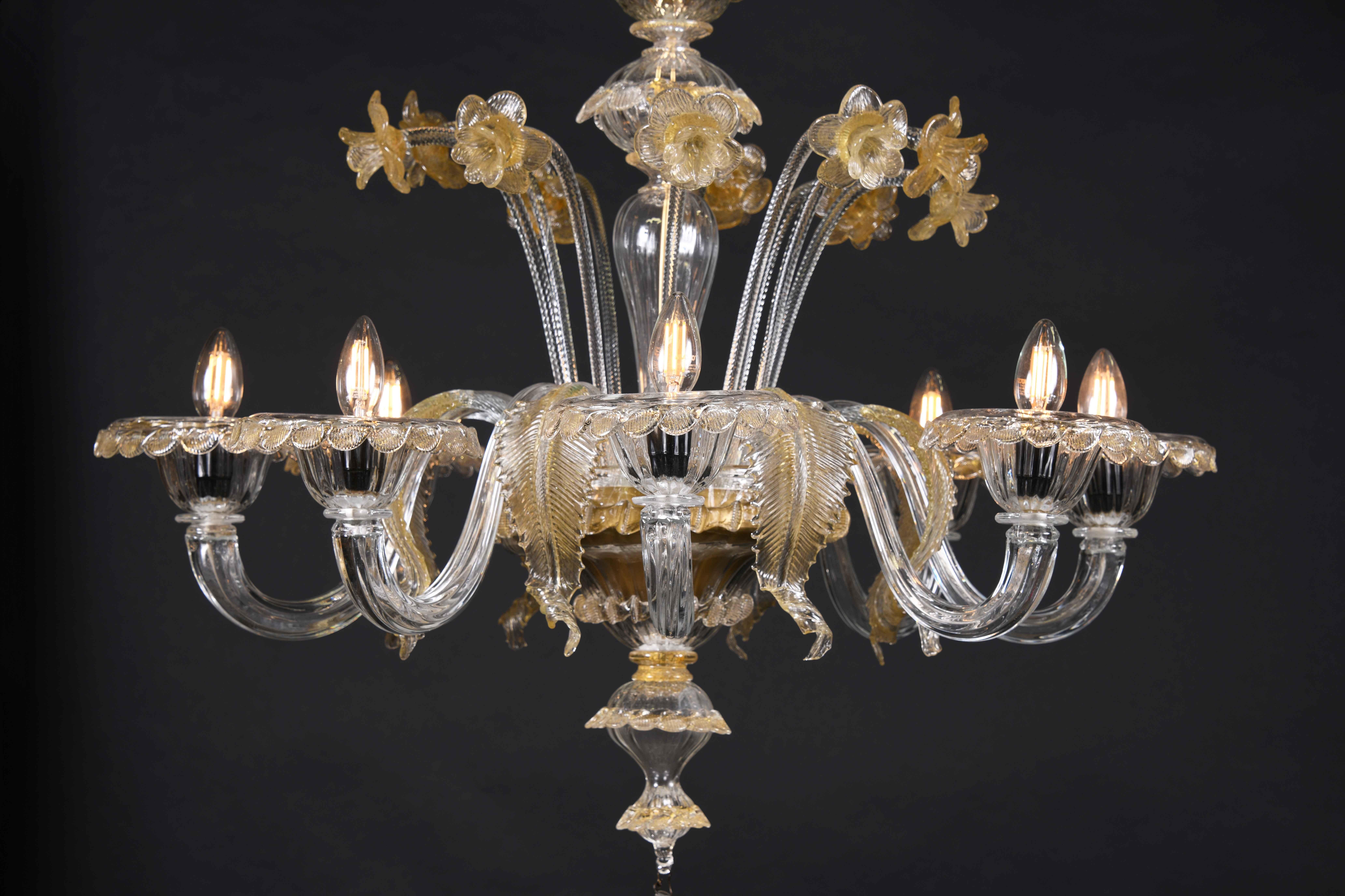 Italian Classic 6-Arm Hand Blown Murano Glass Chandelier Pendant Amber Flower Detailing