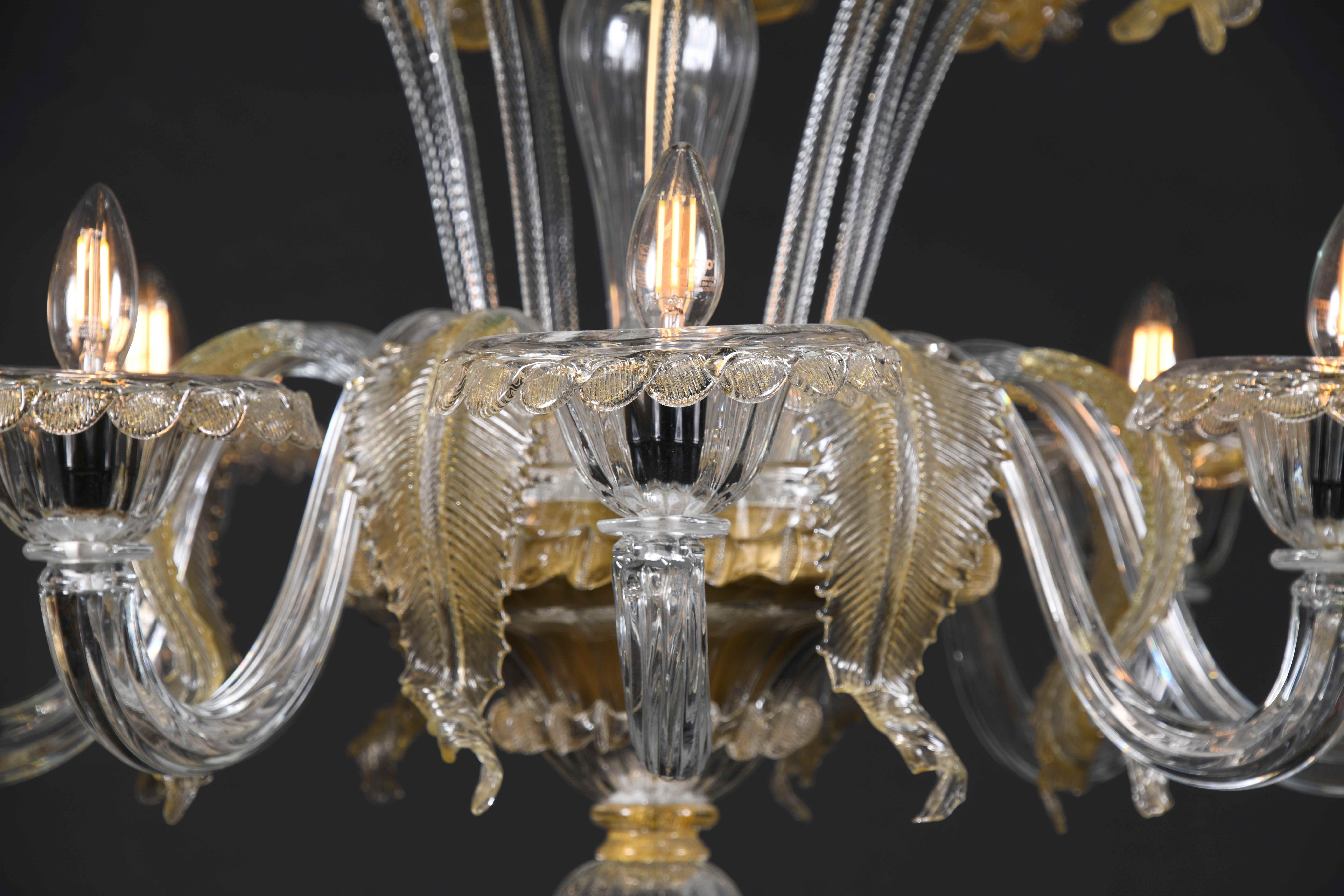 Classic 6-Arm Hand Blown Murano Glass Chandelier Pendant Amber Flower Detailing In Excellent Condition In LA, CA