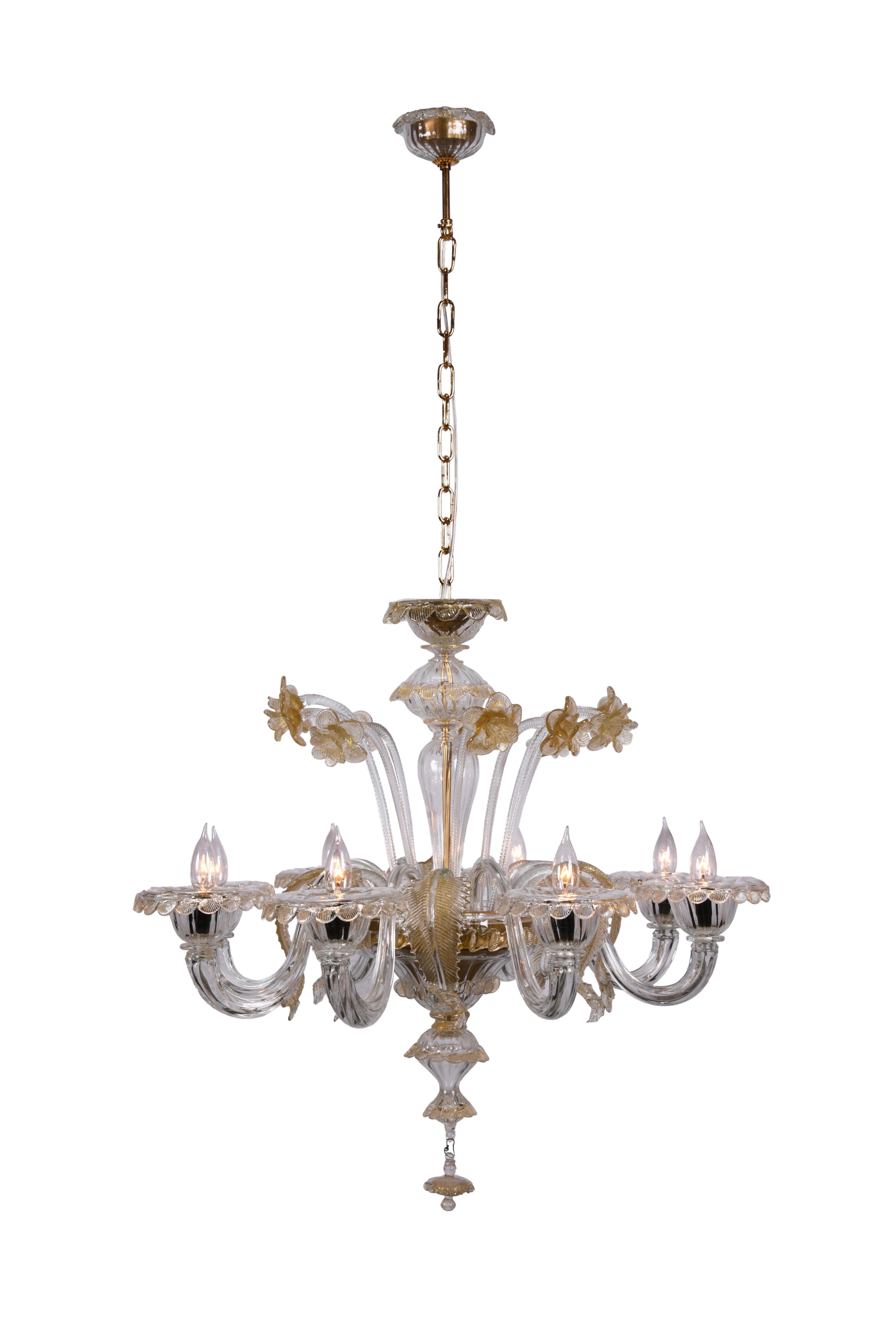 Mid-20th Century Classic 6-Arm Hand Blown Murano Glass Chandelier Pendant Amber Flower Detailing