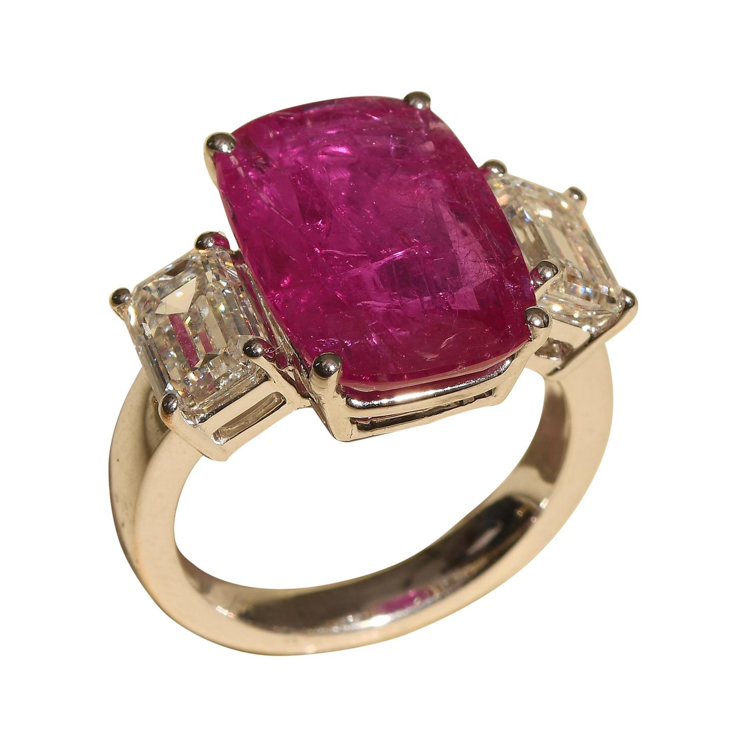 Classic 6.61 Carat Ruby Ring with 2.01 Carat Emerald Cut Diamonds For Sale