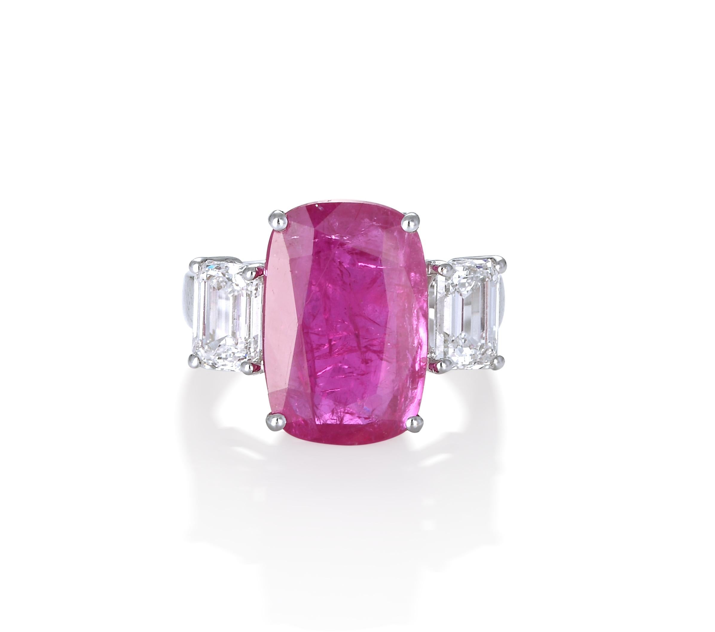 Women's Classic 6.61 Carat Ruby Ring with 2.01 Carat Emerald Cut Diamonds For Sale