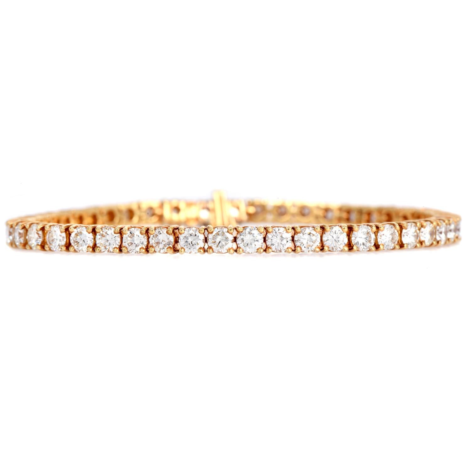 Classic 6.70cts Round Cut Diamond 18K Gold Tennis Line Bracelet In Excellent Condition In Miami, FL