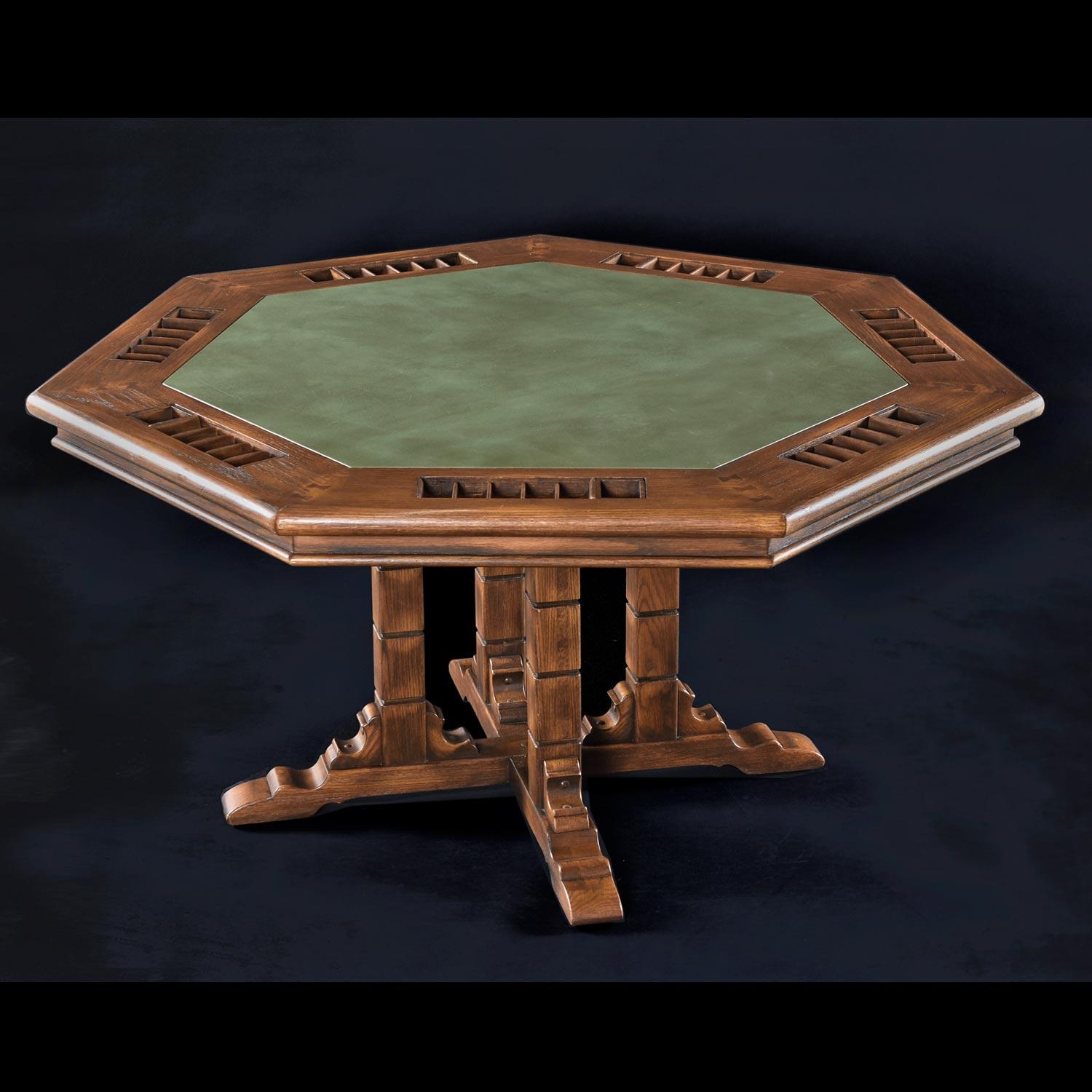 This outstanding viking oak poker table set by Romweber must have been a cherished possession. It’s truly astonishing to find a poker set in such amazing condition after nearly five decades. The Viking oak set is seven sided with seven chairs for