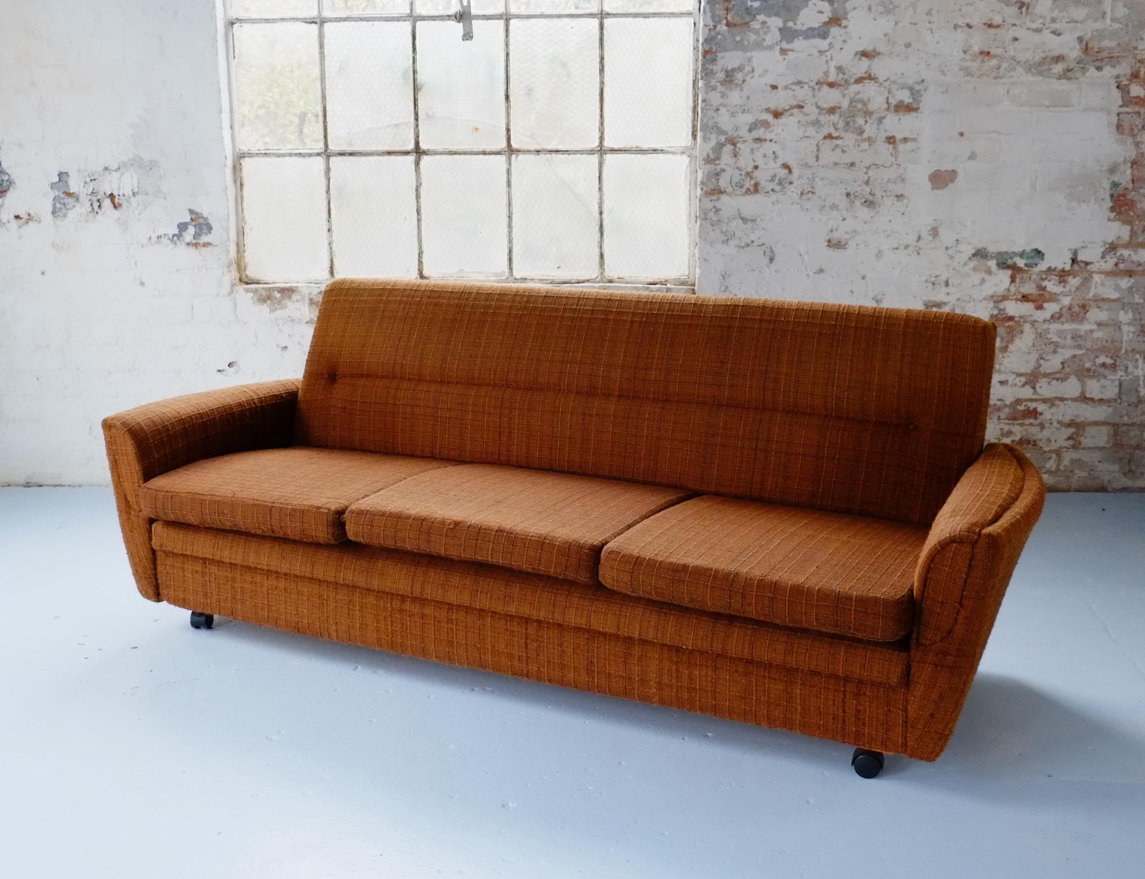 Classic 70's Vintage British Brown Sofa Bed Settee on Castors 8