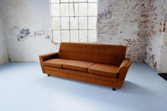 Classic 70's Vintage British Brown Sofa Bed Settee on Castors
