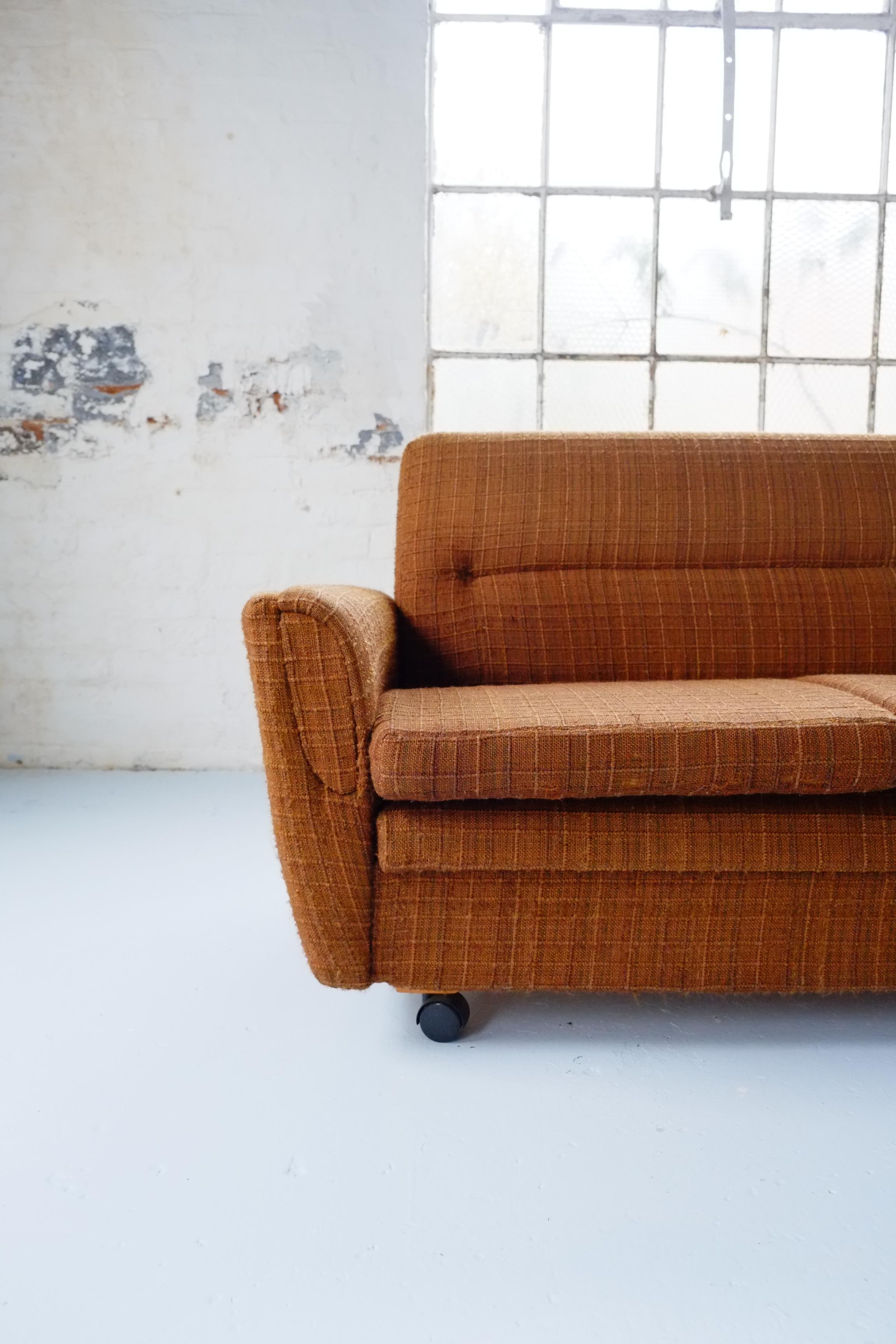 Mid-Century Modern Classic 70's Vintage British Brown Sofa Bed Settee on Castors