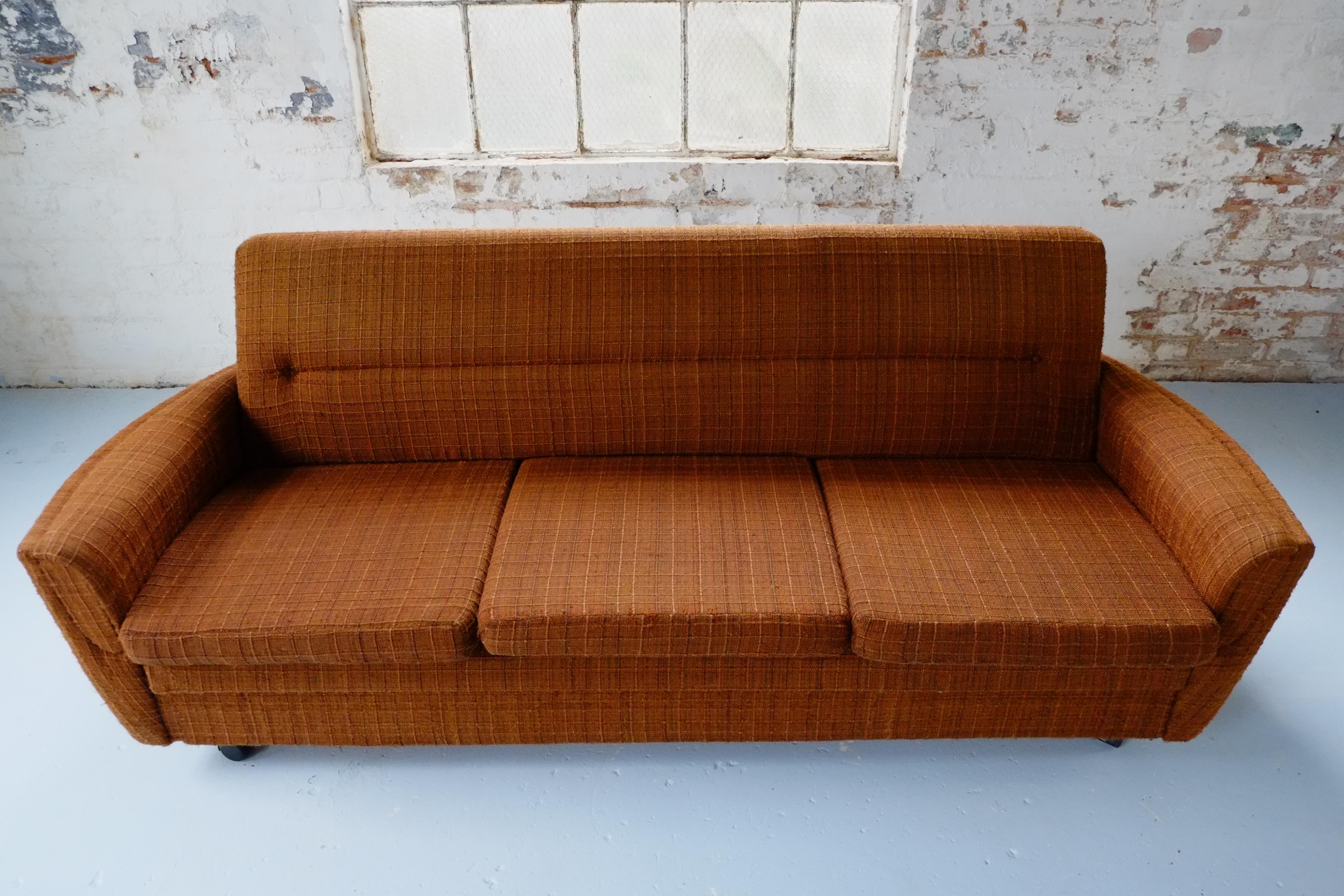 Classic 70's Vintage British Brown Sofa Bed Settee on Castors 1