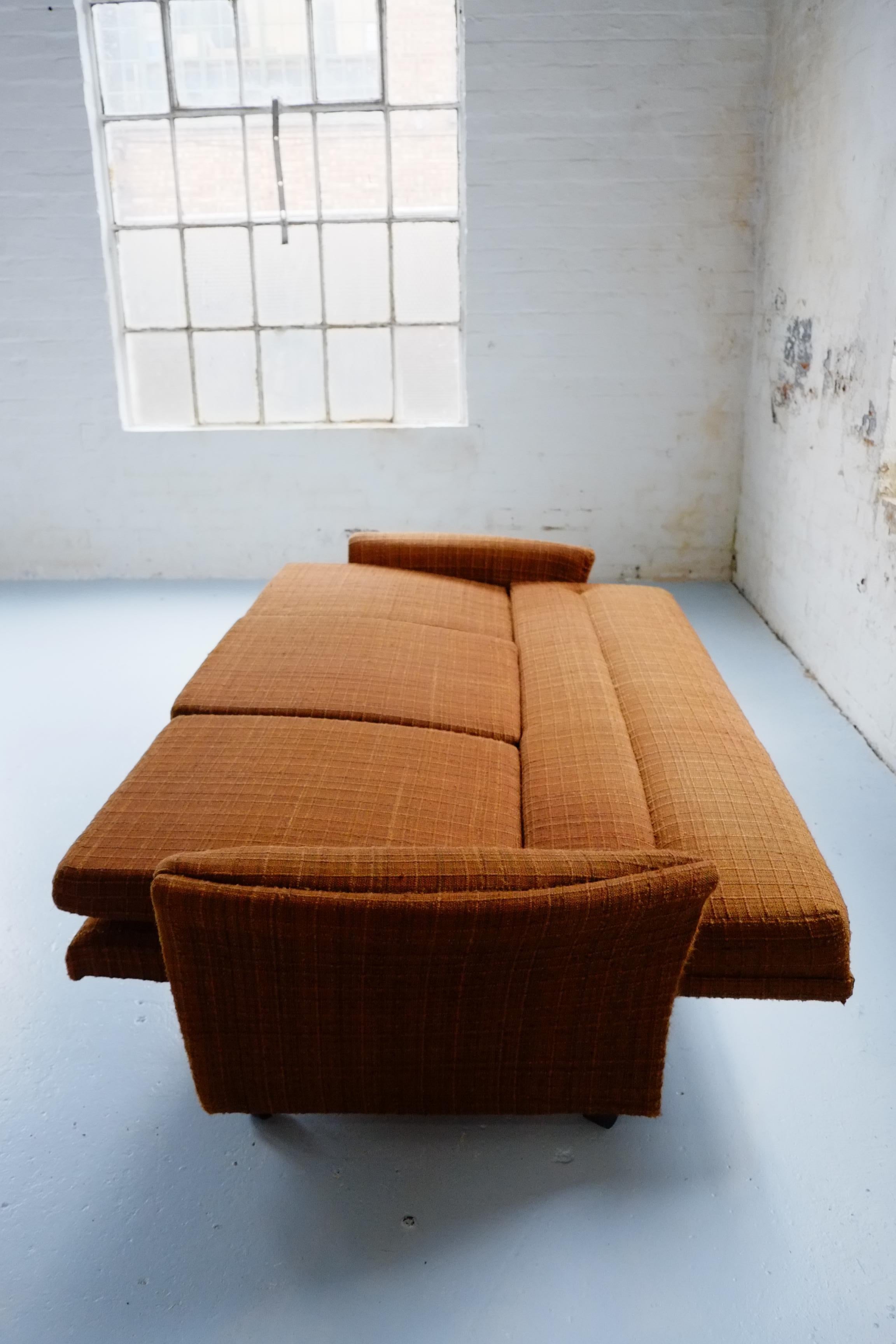 Classic 70's Vintage British Brown Sofa Bed Settee on Castors 3