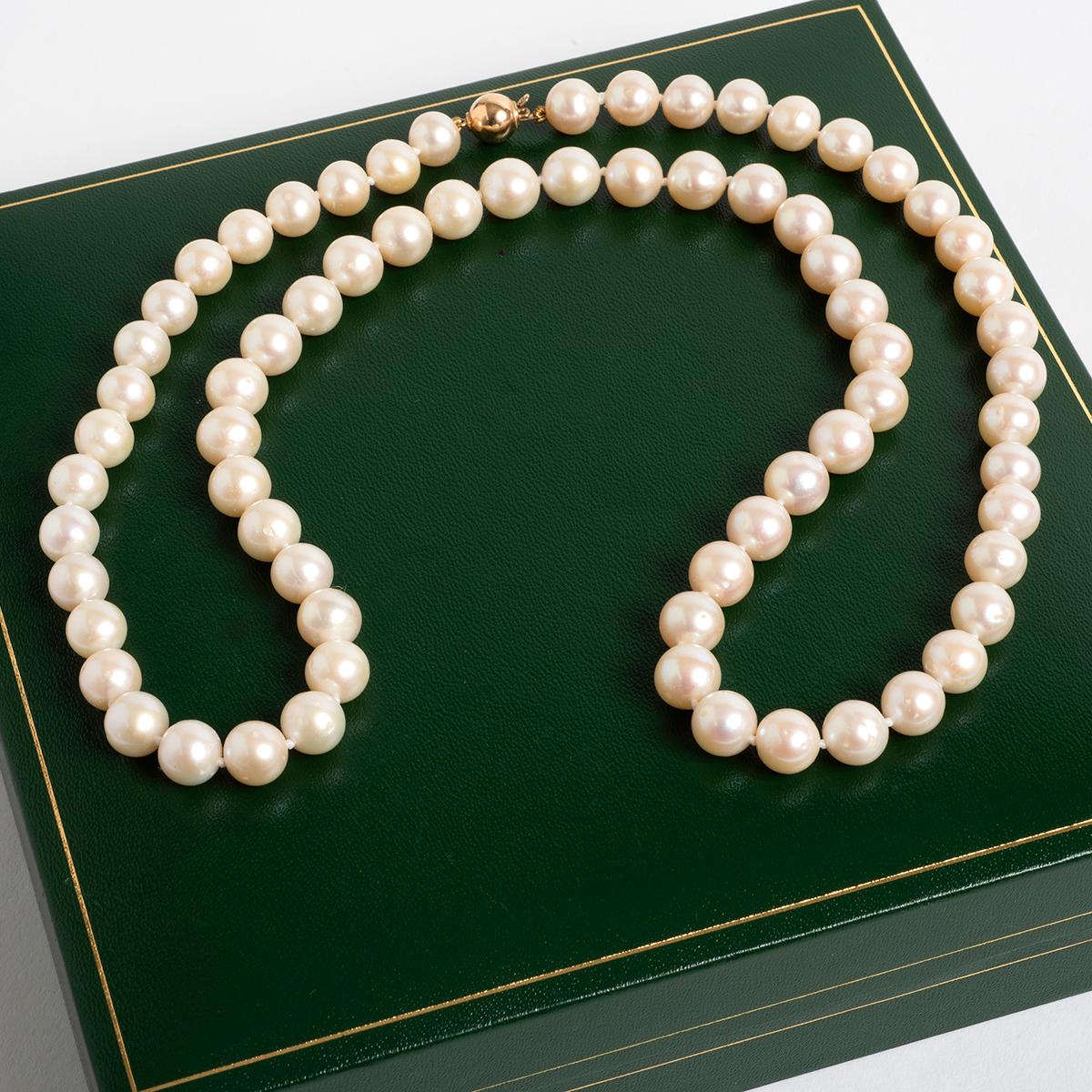 Classic 9 Carat Clasp of Single String of Cultured Pearls In Excellent Condition In Canterbury, GB