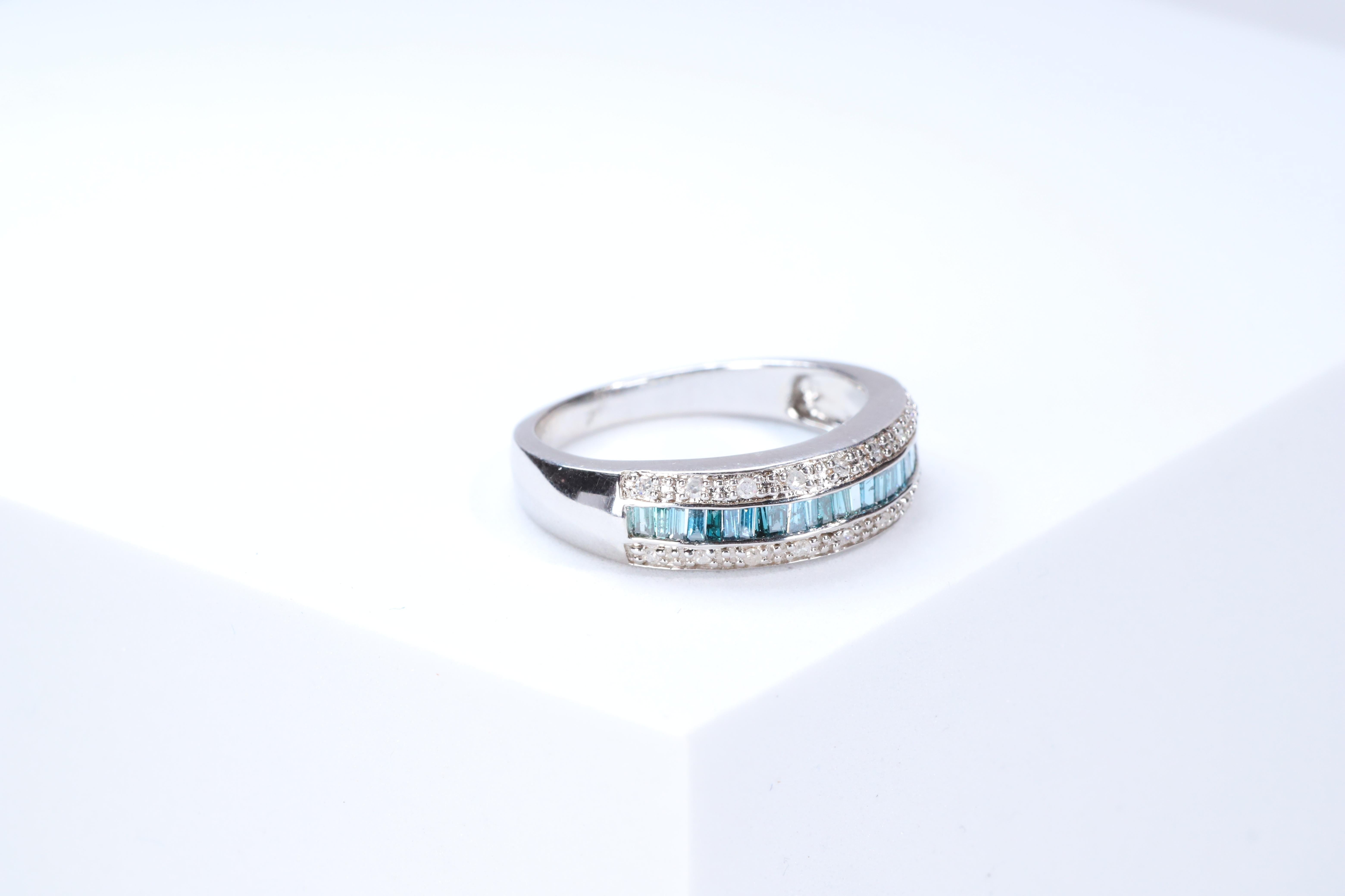 Baguette Cut Classic 925 Sterling Silver Studded with Blue and White Diamond Ring
