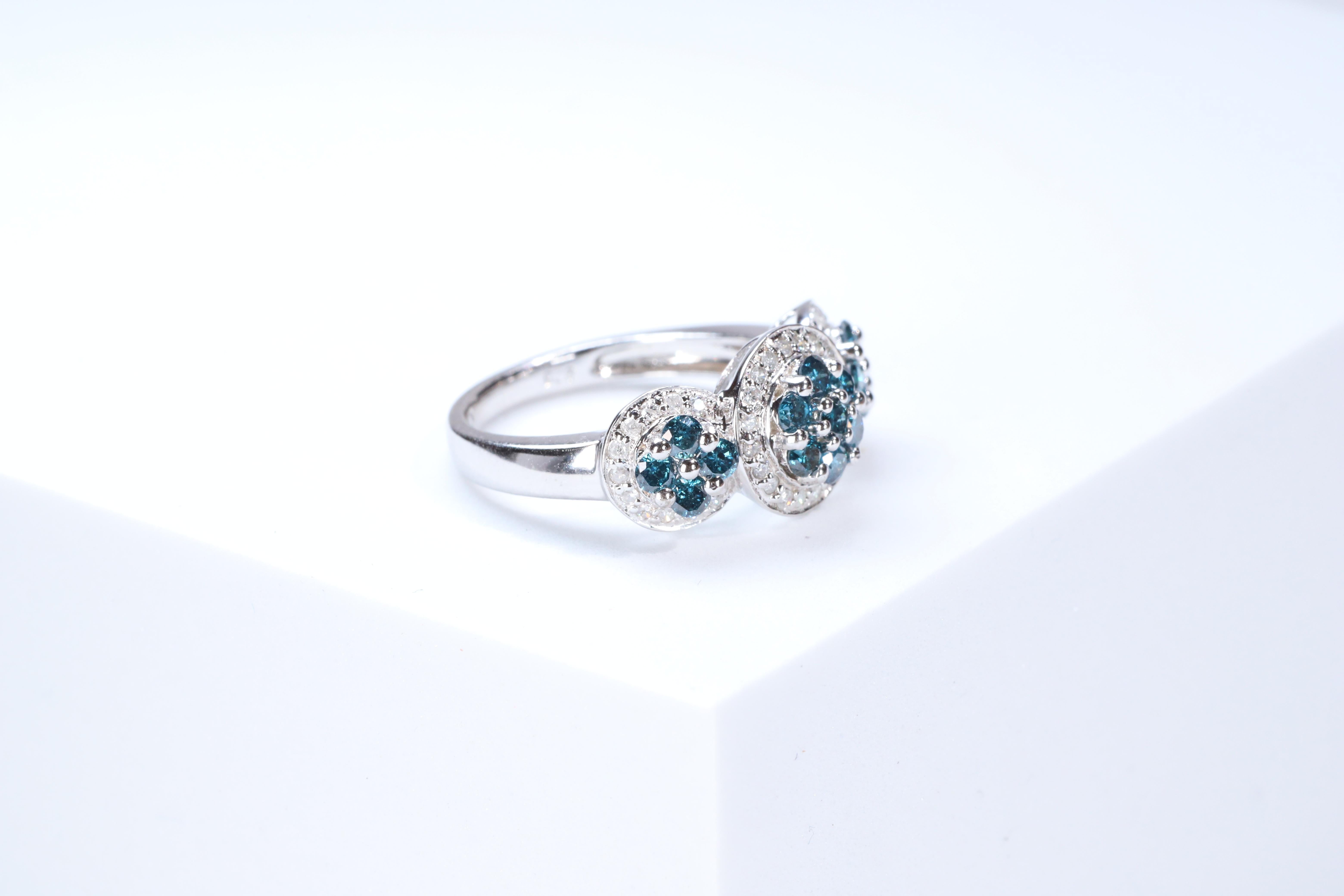 Round Cut Classic 925 Sterling Silver Studded with Blue and White Diamond Ring