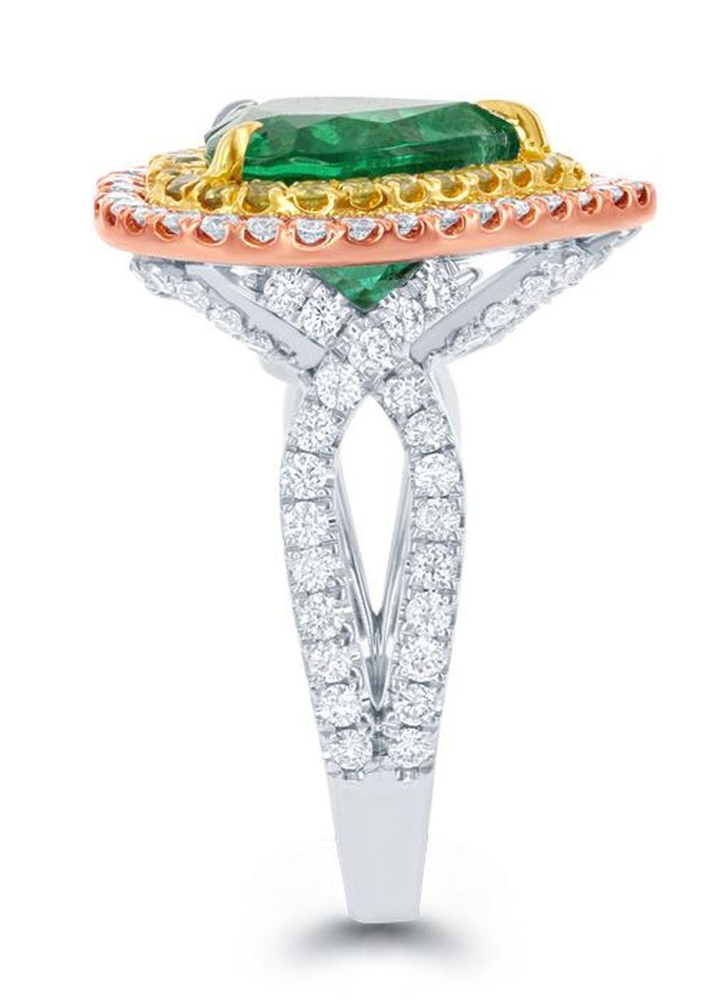 Cushion Cut Halo 9.33 Carat Emerald Heart Shape Diamond Three-Stone 18 Karat White Gold Ring For Sale