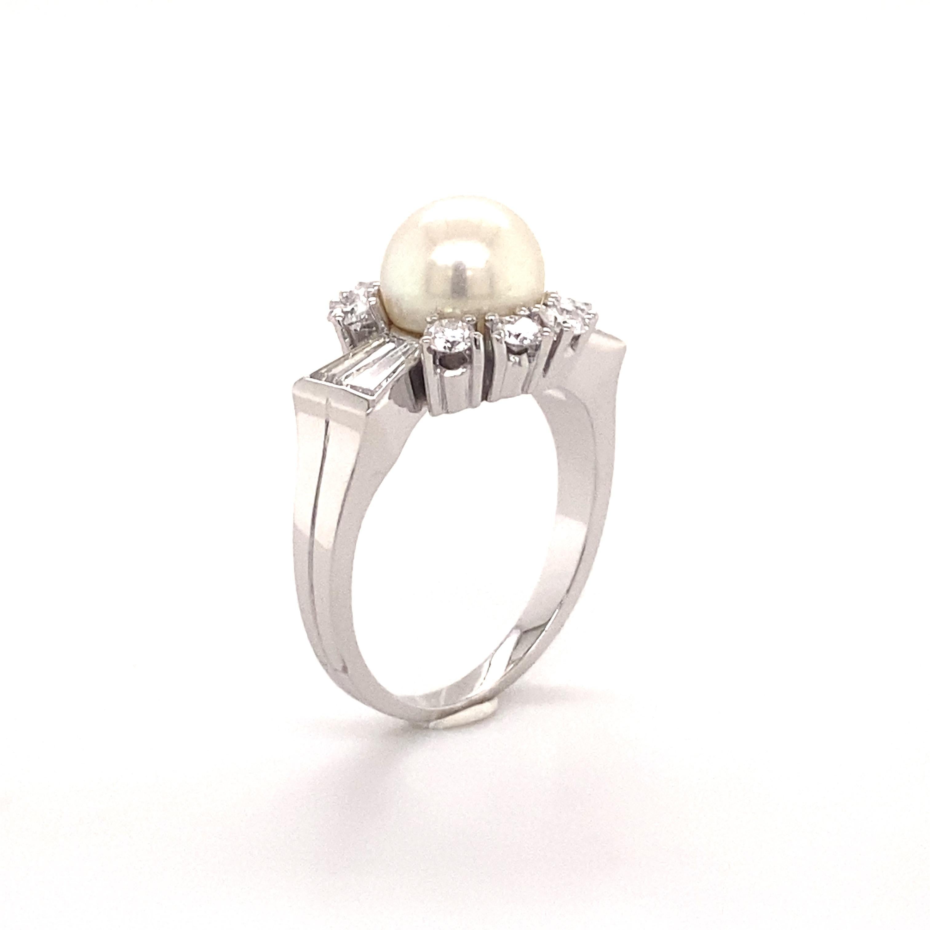 Contemporary Classic Akoya Cultured Pearl and Diamond Ring in 18 Karat White Gold