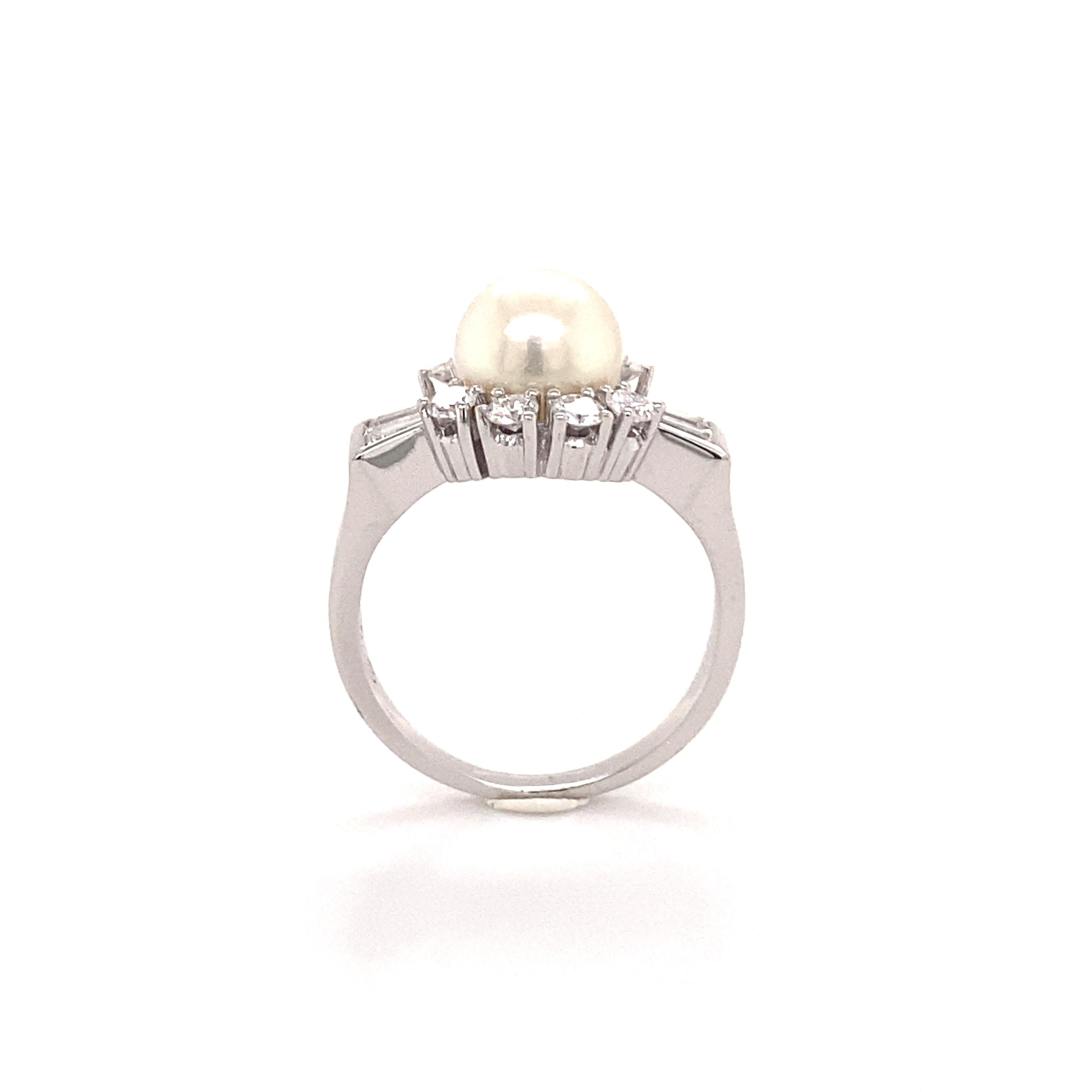 Brilliant Cut Classic Akoya Cultured Pearl and Diamond Ring in 18 Karat White Gold