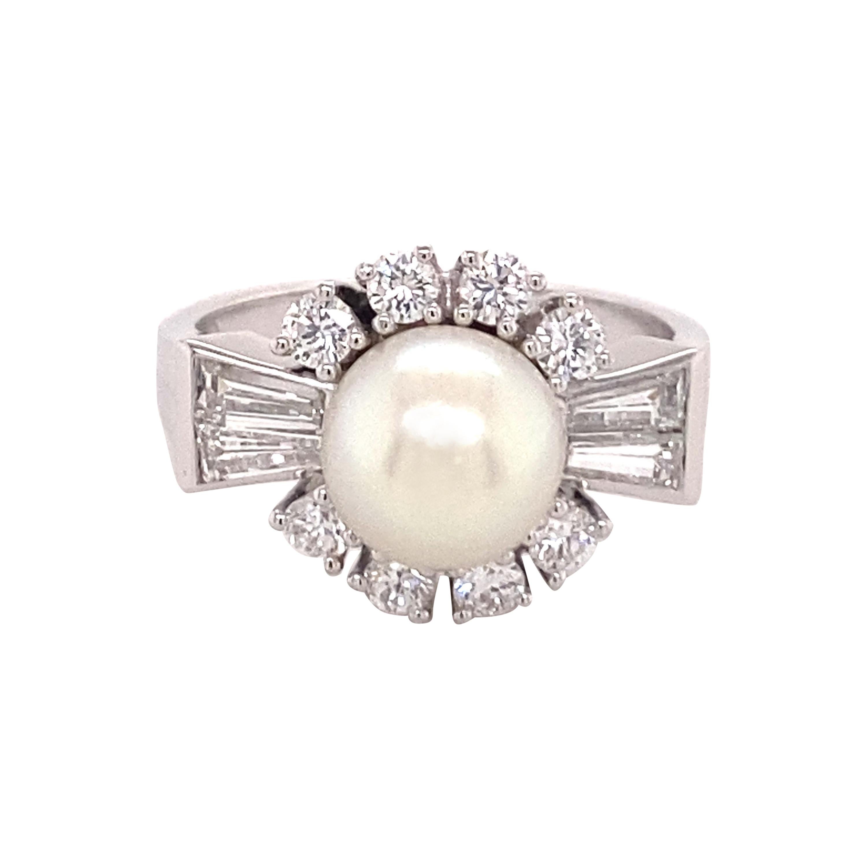 Classic Akoya Cultured Pearl and Diamond Ring in 18 Karat White Gold