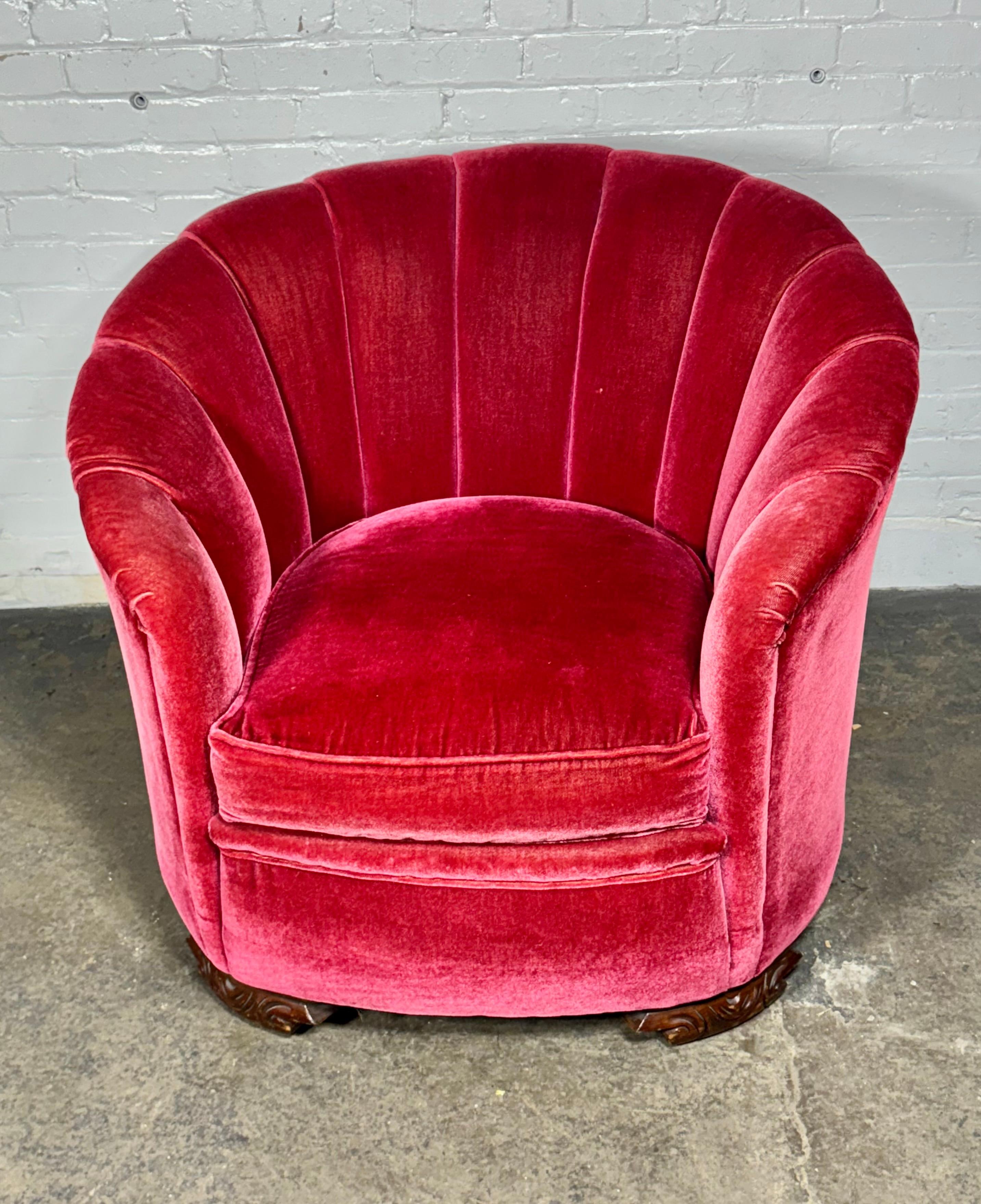 Classic American Art Deco Fuchsia (pink) Mohair Channel Back Lounge Chair.. Amazing design, style , proportion, Outrageous fuchsia pink mohair, carved walnut legs, Extremely comfortable,Really great original condition,  Please check other listings