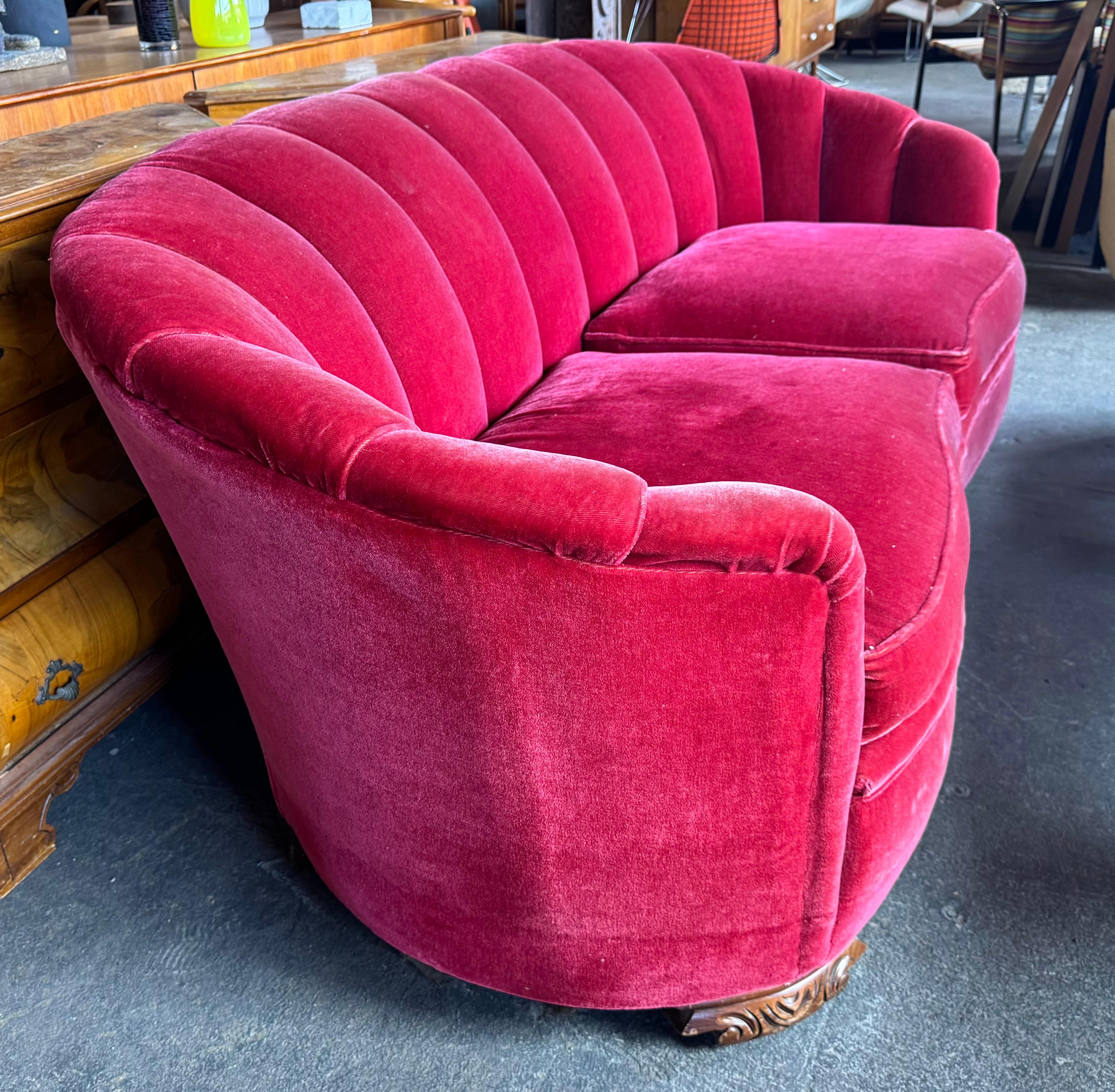 Classic American Art Deco Fuchsia (pink) Mohair Channel Sofa c.late 1930s early 1940's... Amazing design, style , proportion, Outrageous fuchsia pink mohair, carved walnut legs, Extremely comfortable,Really great original condition,  Please check
