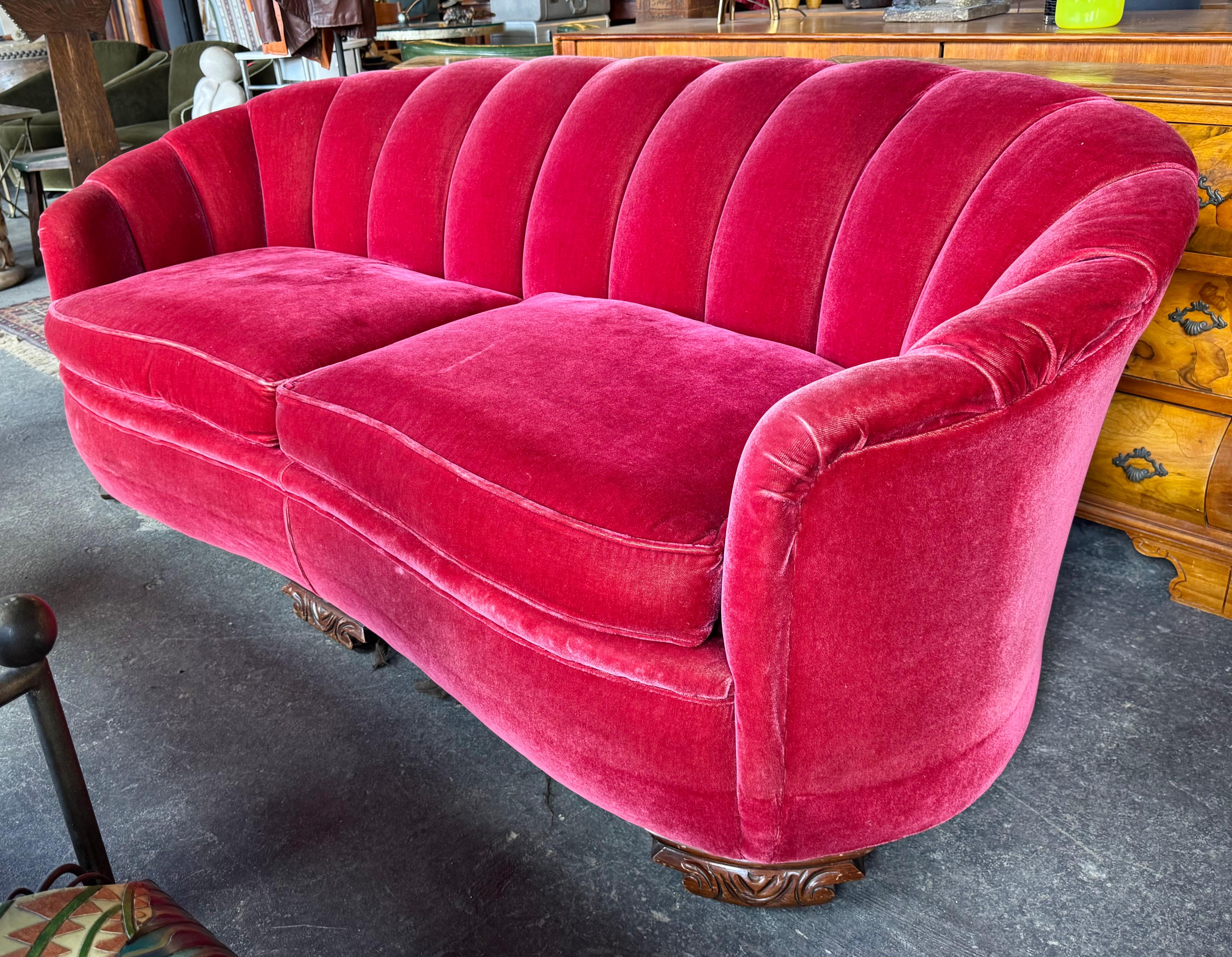 Mid-20th Century Classic American Art Deco Fuchsia (pink) Mohair Channel Back Sofa