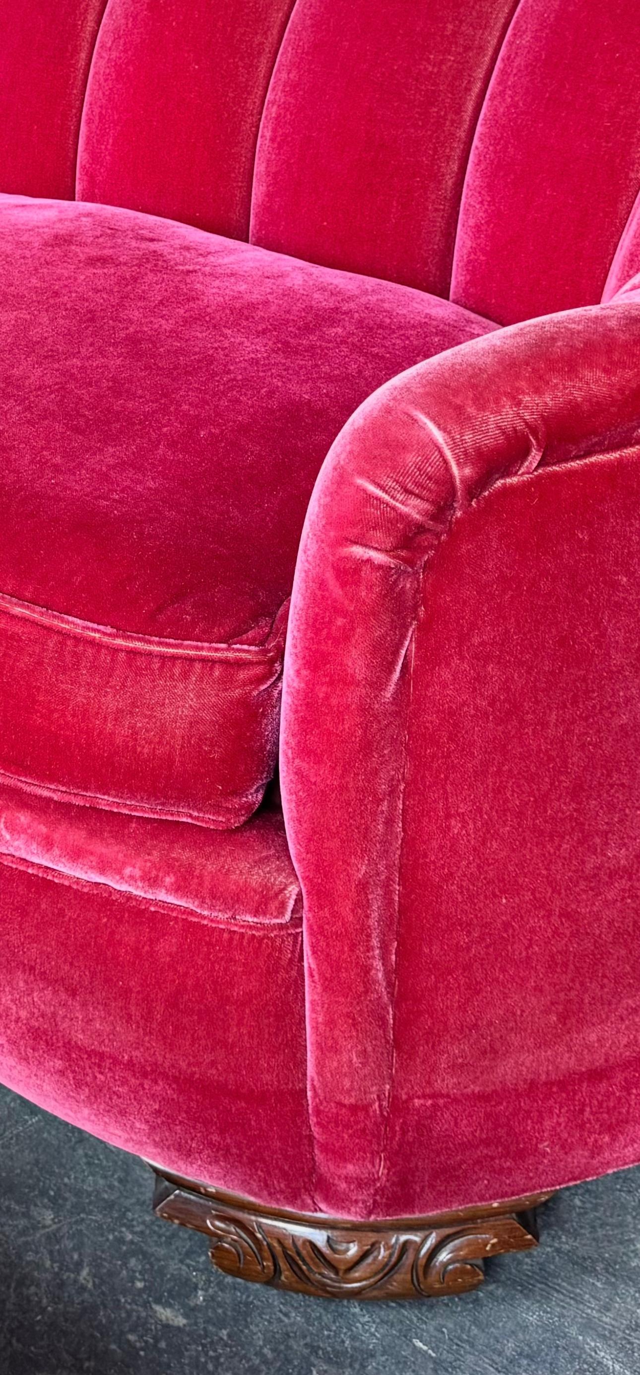 Classic American Art Deco Fuchsia (pink) Mohair Channel Back Sofa 1