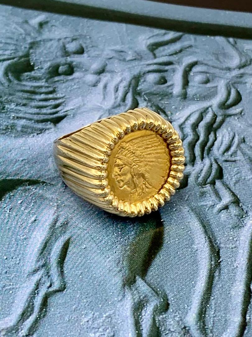 Classic American Indian Head Quarter Eagle 22K Gold Coin 14K Yellow Gold Ring 8