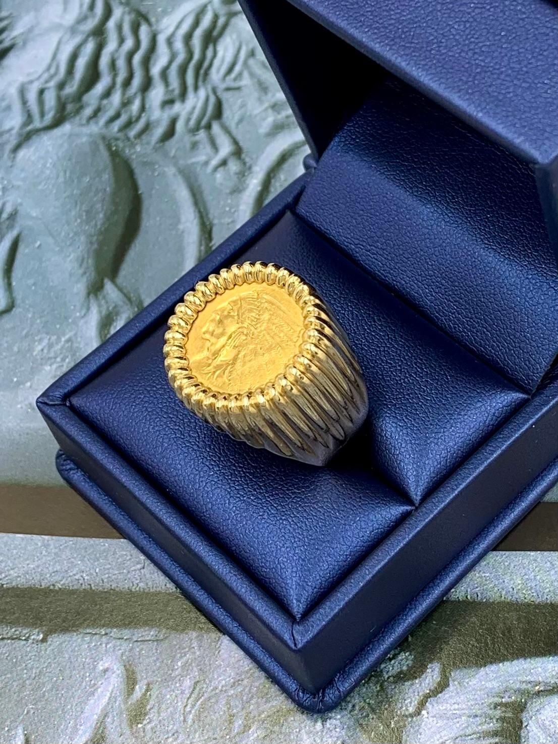 Classic American Indian Head Quarter Eagle 22K Gold Coin 14K Yellow Gold Ring 9