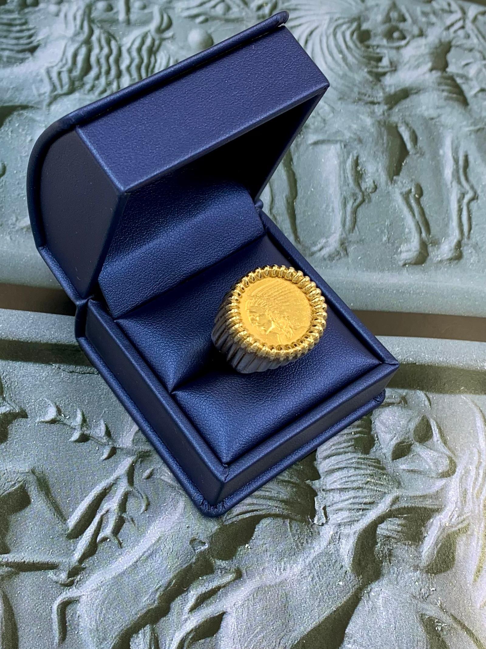 Classic American Indian Head Quarter Eagle 22K Gold Coin 14K Yellow Gold Ring In Good Condition In New York, NY