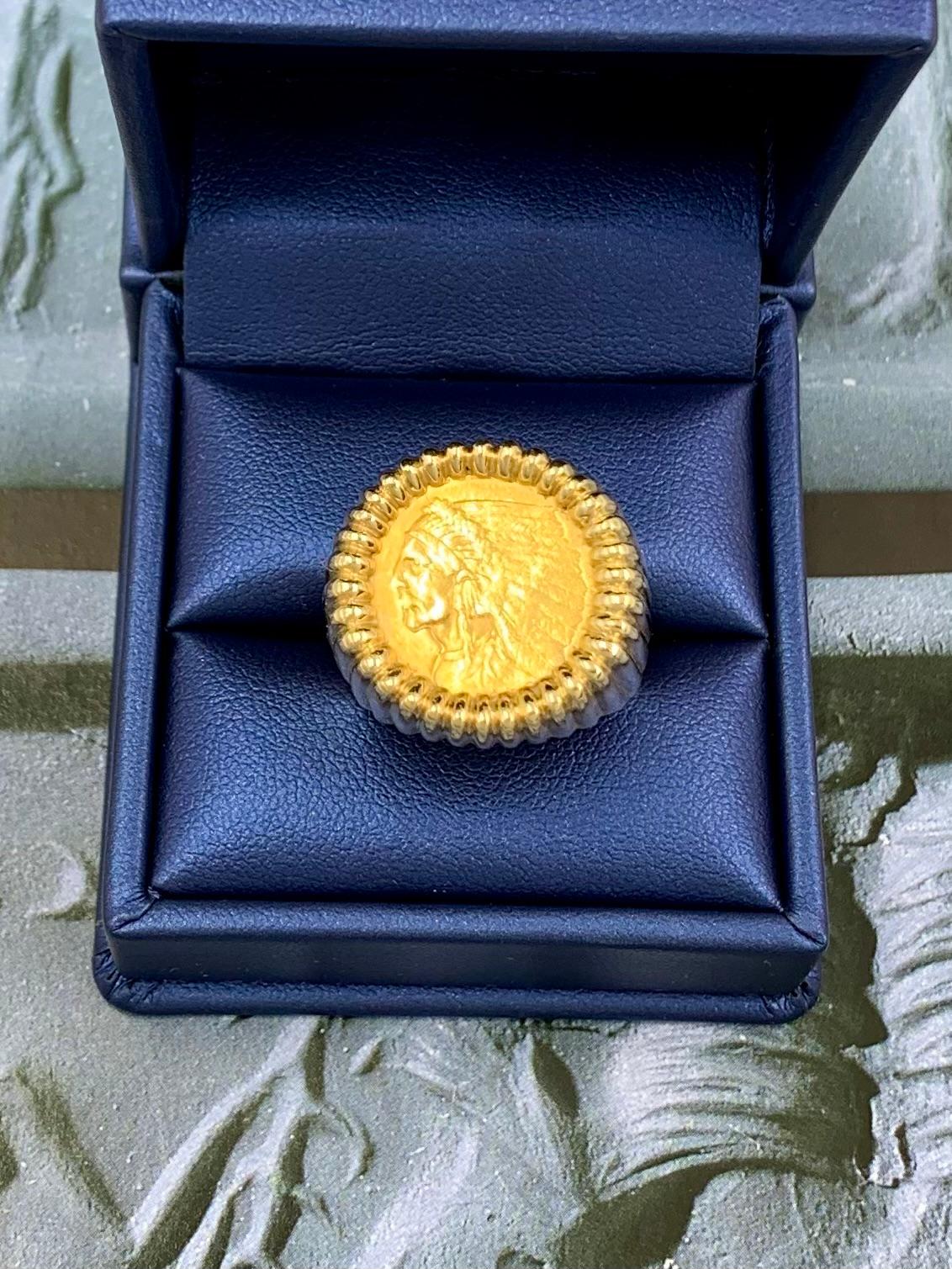 Women's or Men's Classic American Indian Head Quarter Eagle 22K Gold Coin 14K Yellow Gold Ring