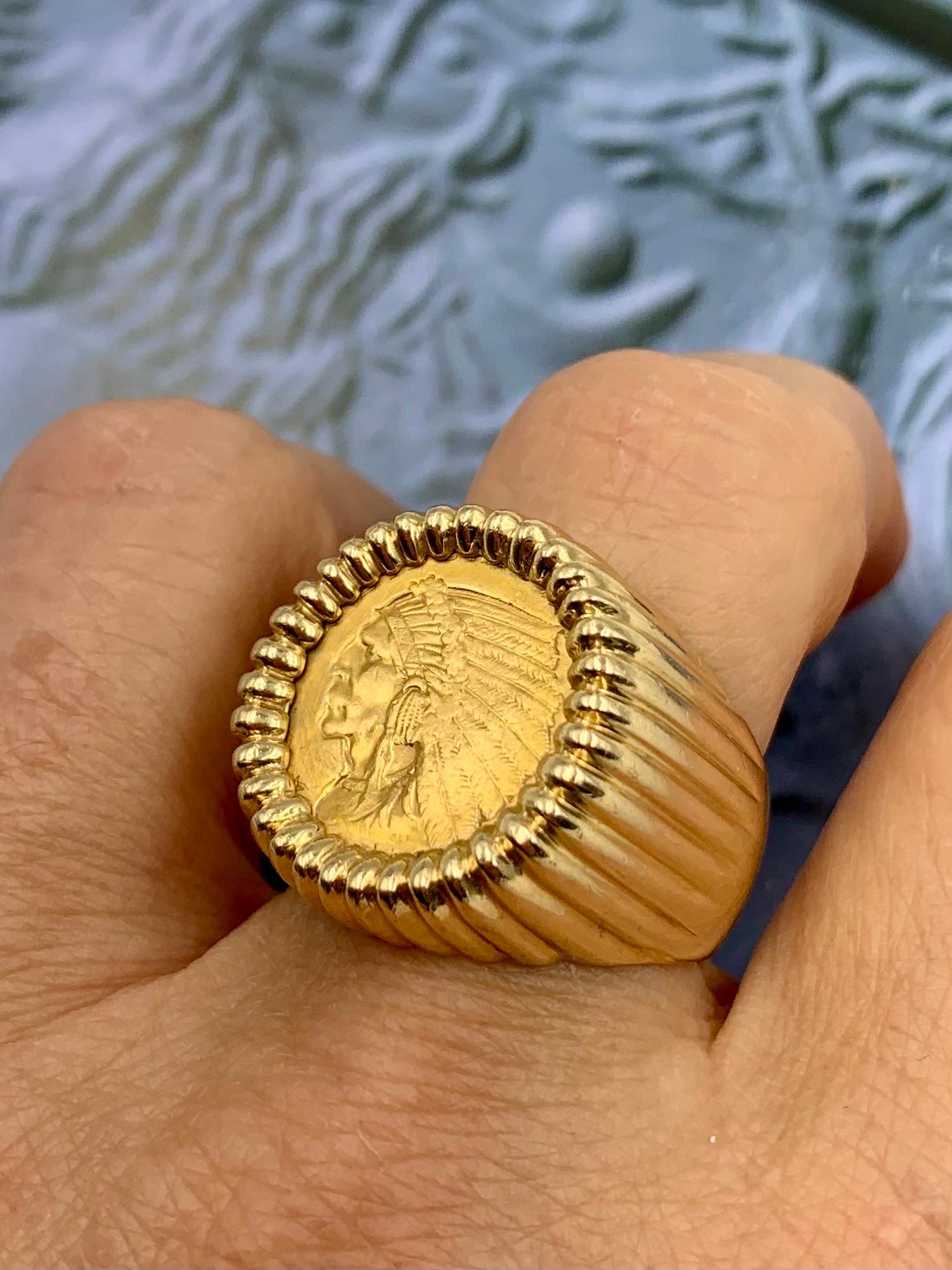 Classic American Indian Head Quarter Eagle 22K Gold Coin 14K Yellow Gold Ring 2
