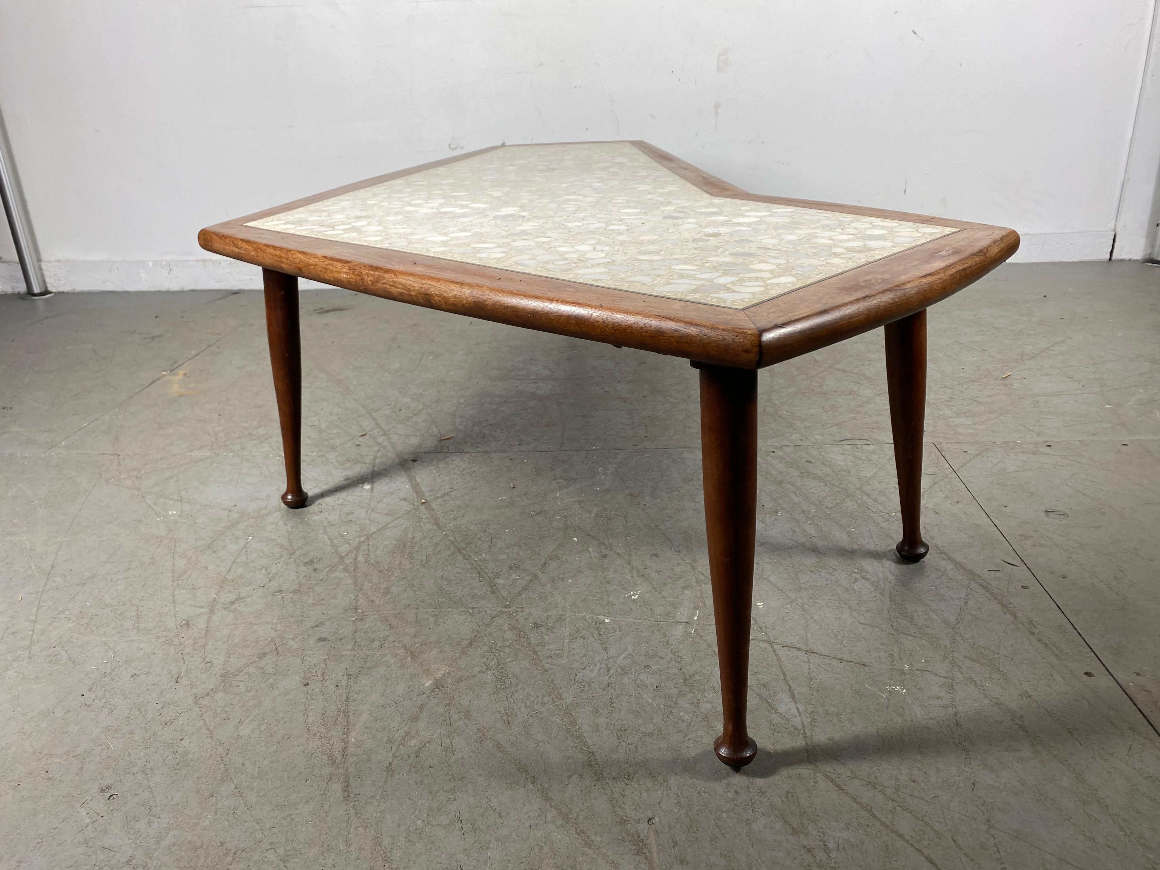 Mid-20th Century Classic American Modernist Walnut and Stone Boomerang Coffee/ Cocktail Table