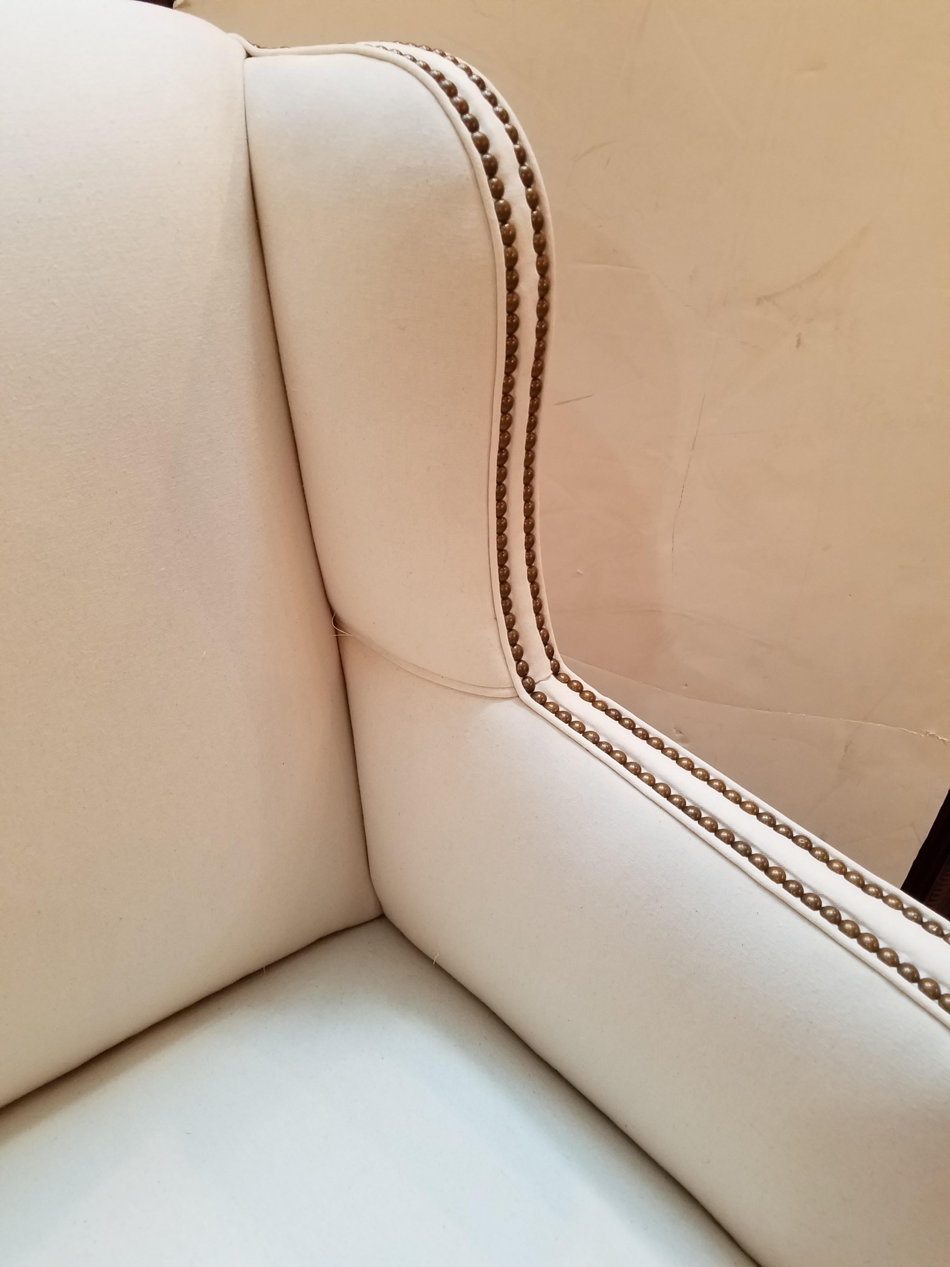 Classic American Walnut Wing Chair Newly Recovered with Brass Nail Head Trim In Excellent Condition In Lambertville, NJ
