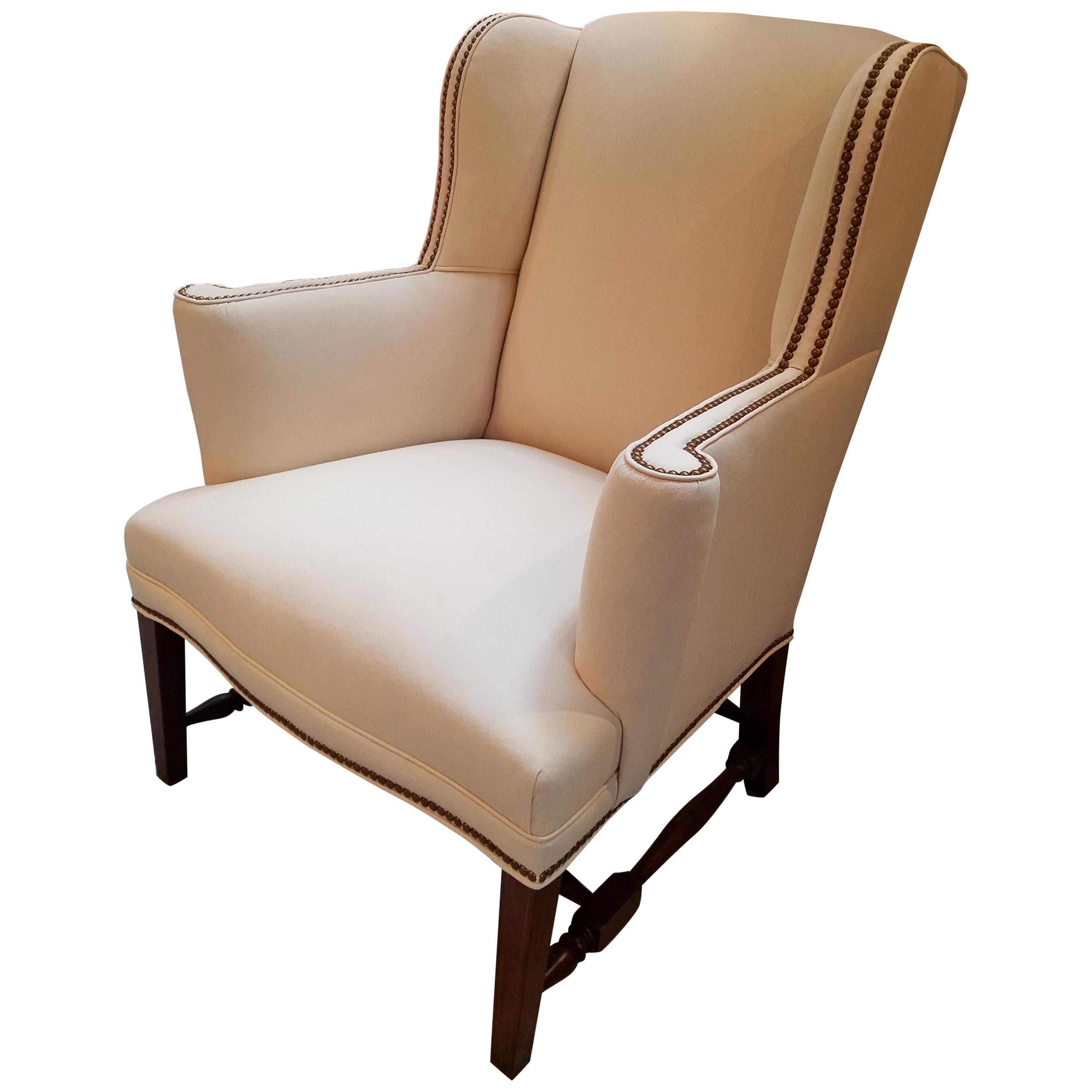 Classic American Walnut Wing Chair Newly Recovered with Brass Nail Head Trim