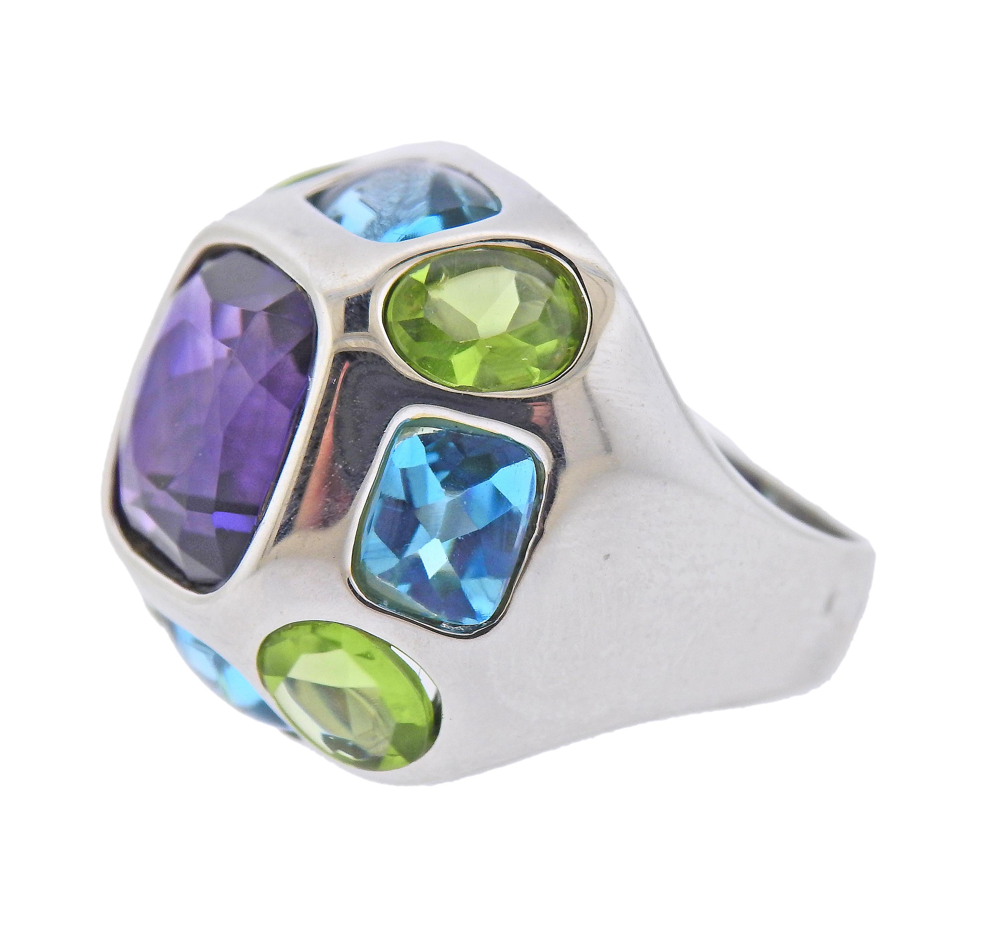 Made in the manner of Chanel Coco baroque style, classic  18k white gold ring , set with amethyst, blue topaz and peridot. Ring size - 6, ring top - 21mm x 21mm. Marked: K18WG. Weight - 18.1 grams. 