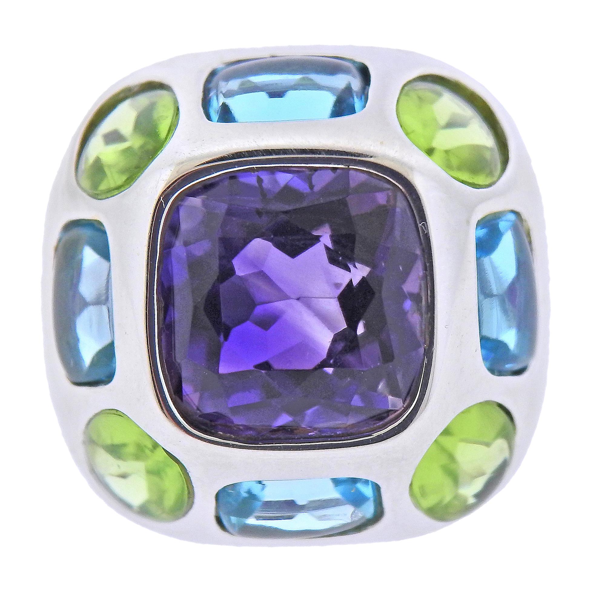 Classic Amethyst Topaz Peridot White Gold Ring For Sale