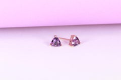 Classic Amethyst Trillion Cut 14K Yellow Gold Stud Earring