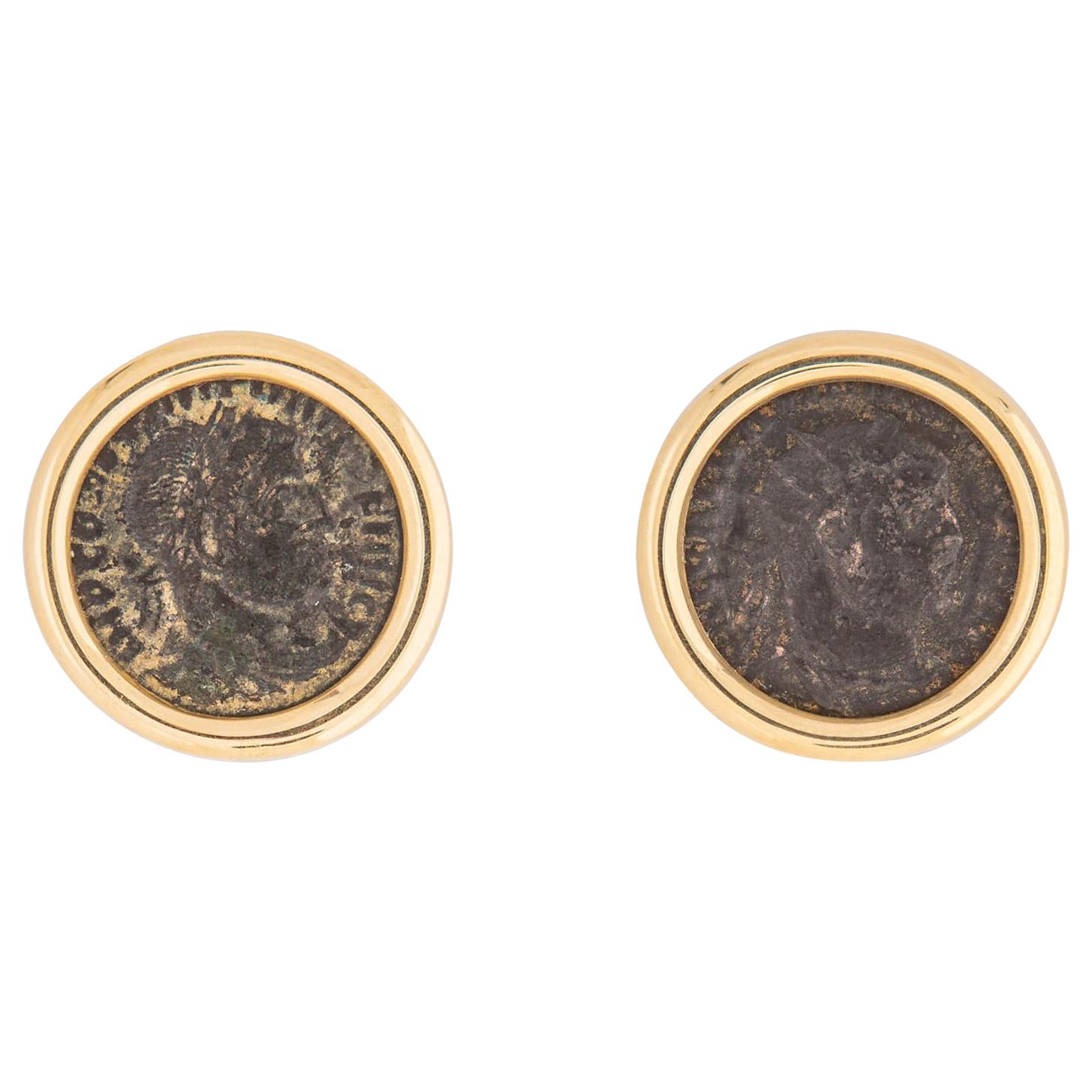 Classic Ancient Coin and Gold Bezel Earring For Sale