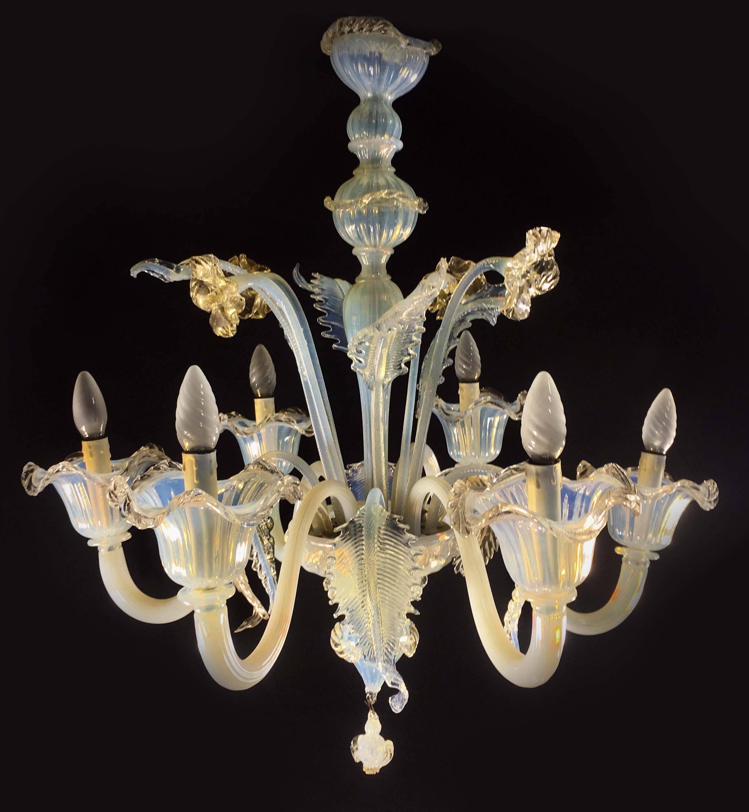 Classic example of the ability of Murano glassmaking. Made of opaline glass with stupefying gold inclusions.
  