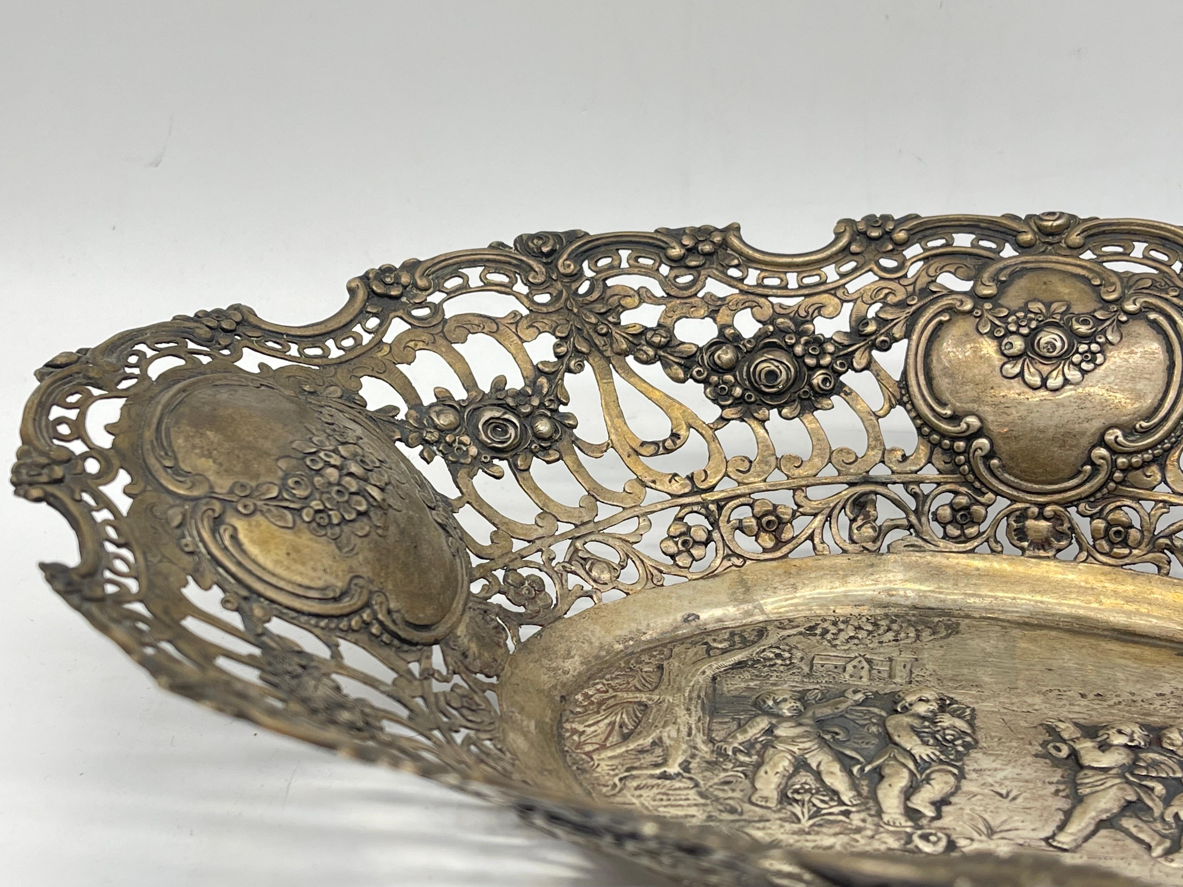 Classic Antique 800 Silver Bread Basket - Bowl Flowers Putto ornament Germany For Sale 4
