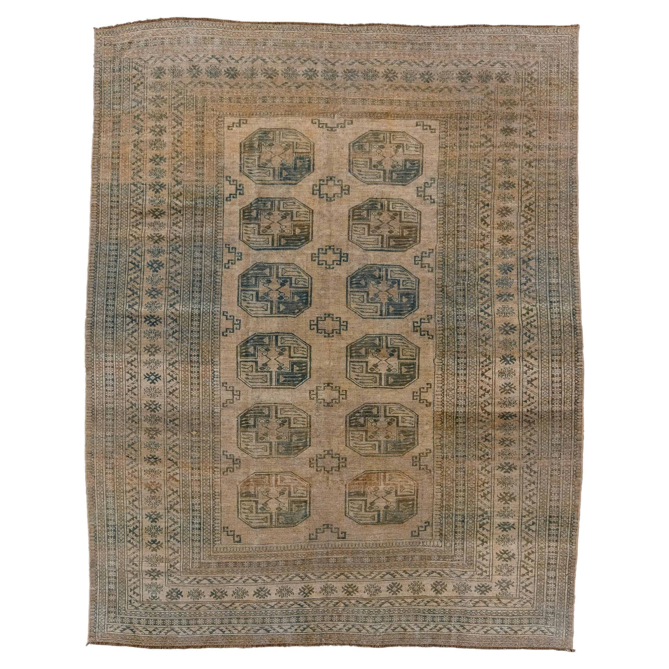 Classic Antique Afghan Rug with Beige Field  For Sale