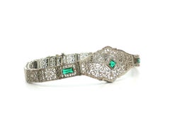 Classic Antique Art Deco 14k White Gold Green Stones Filigree Work Bracelet