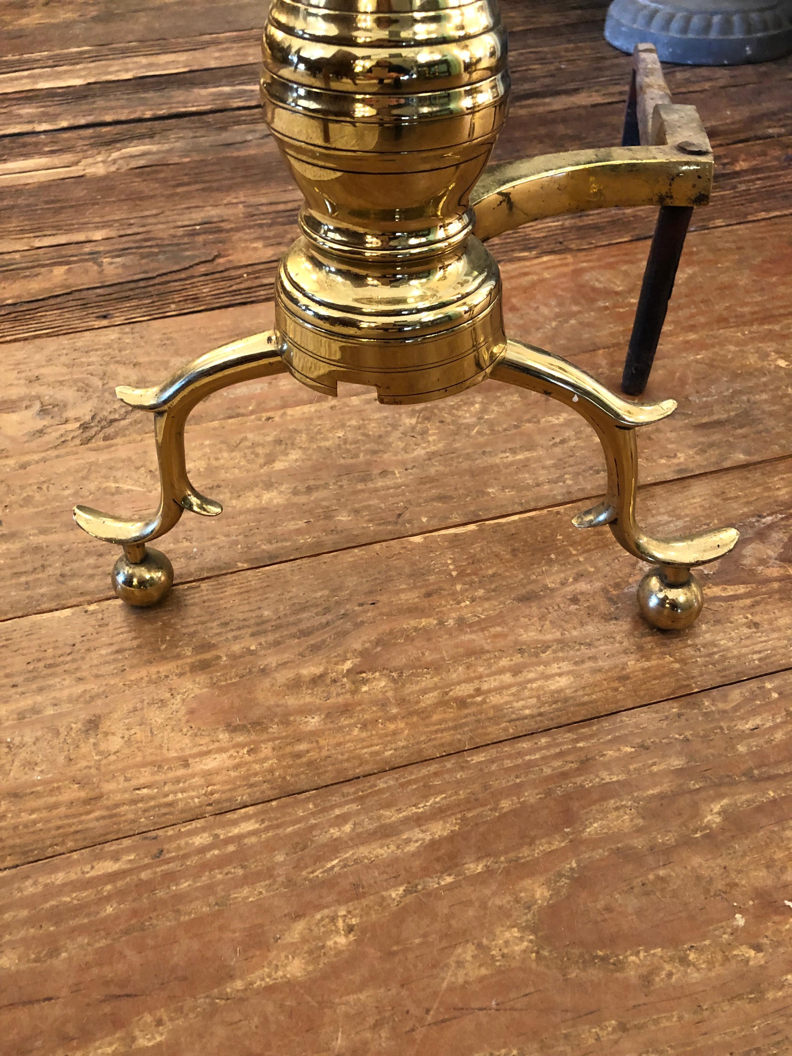 American Classic Antique Beehive Chippendale Polished Brass Large Andirons For Sale