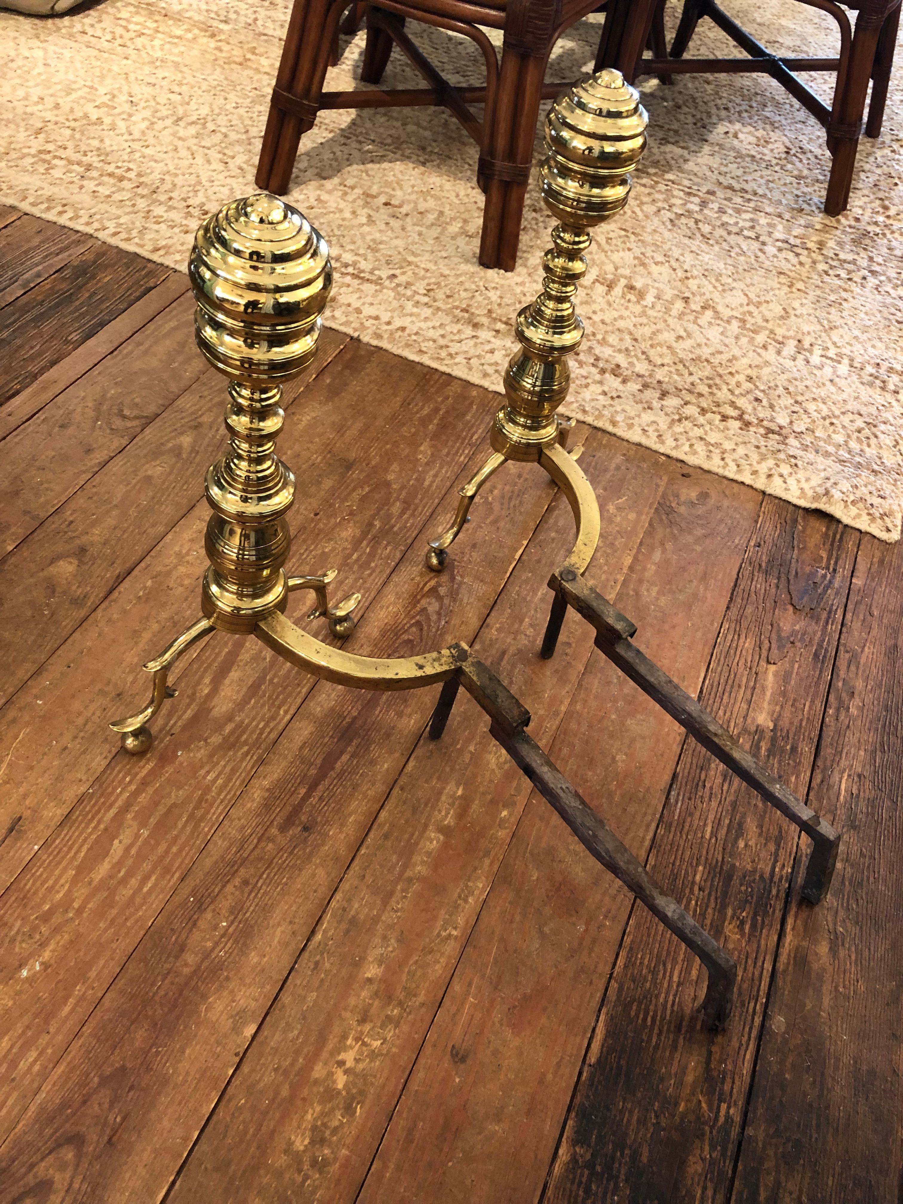 Classic Antique Beehive Chippendale Polished Brass Large Andirons For Sale 1
