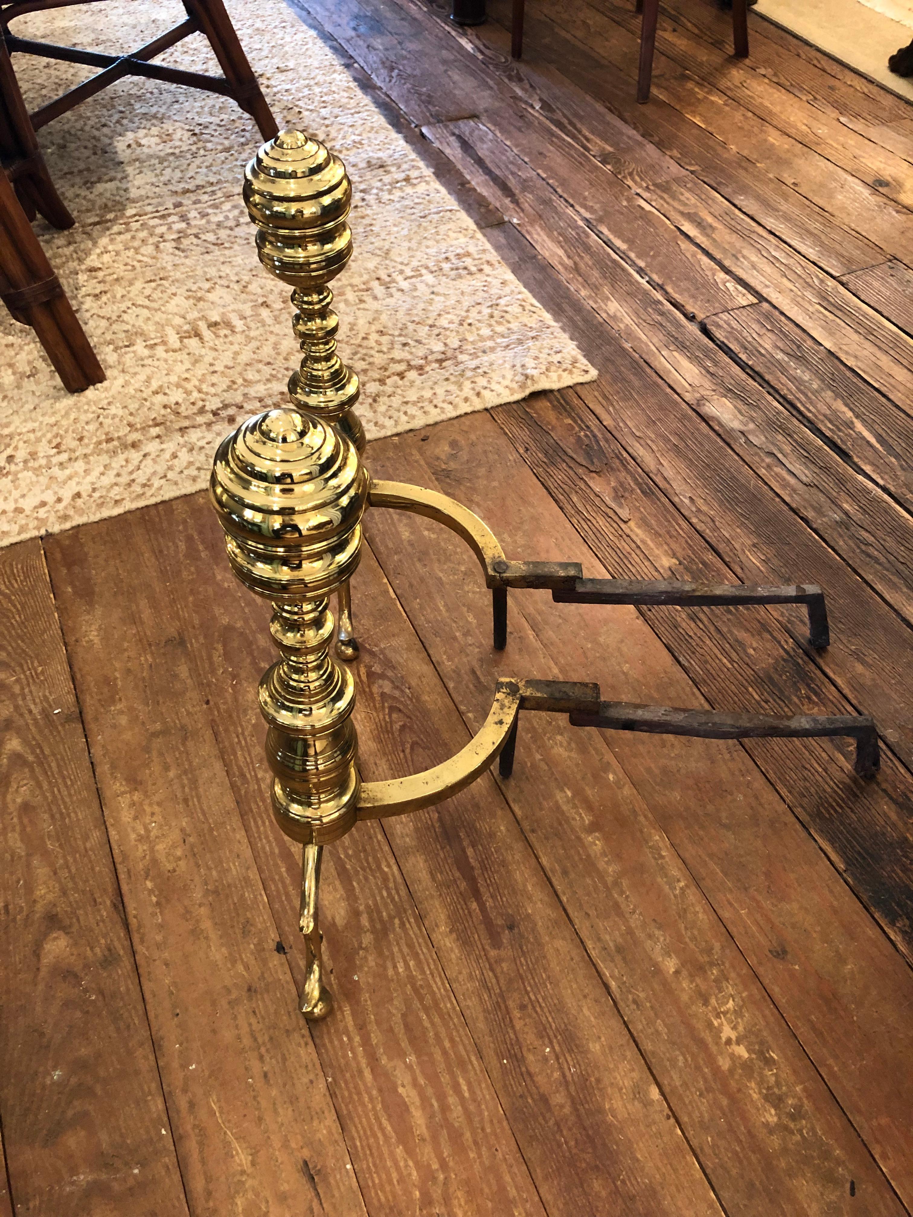 Classic Antique Beehive Chippendale Polished Brass Large Andirons For Sale 2