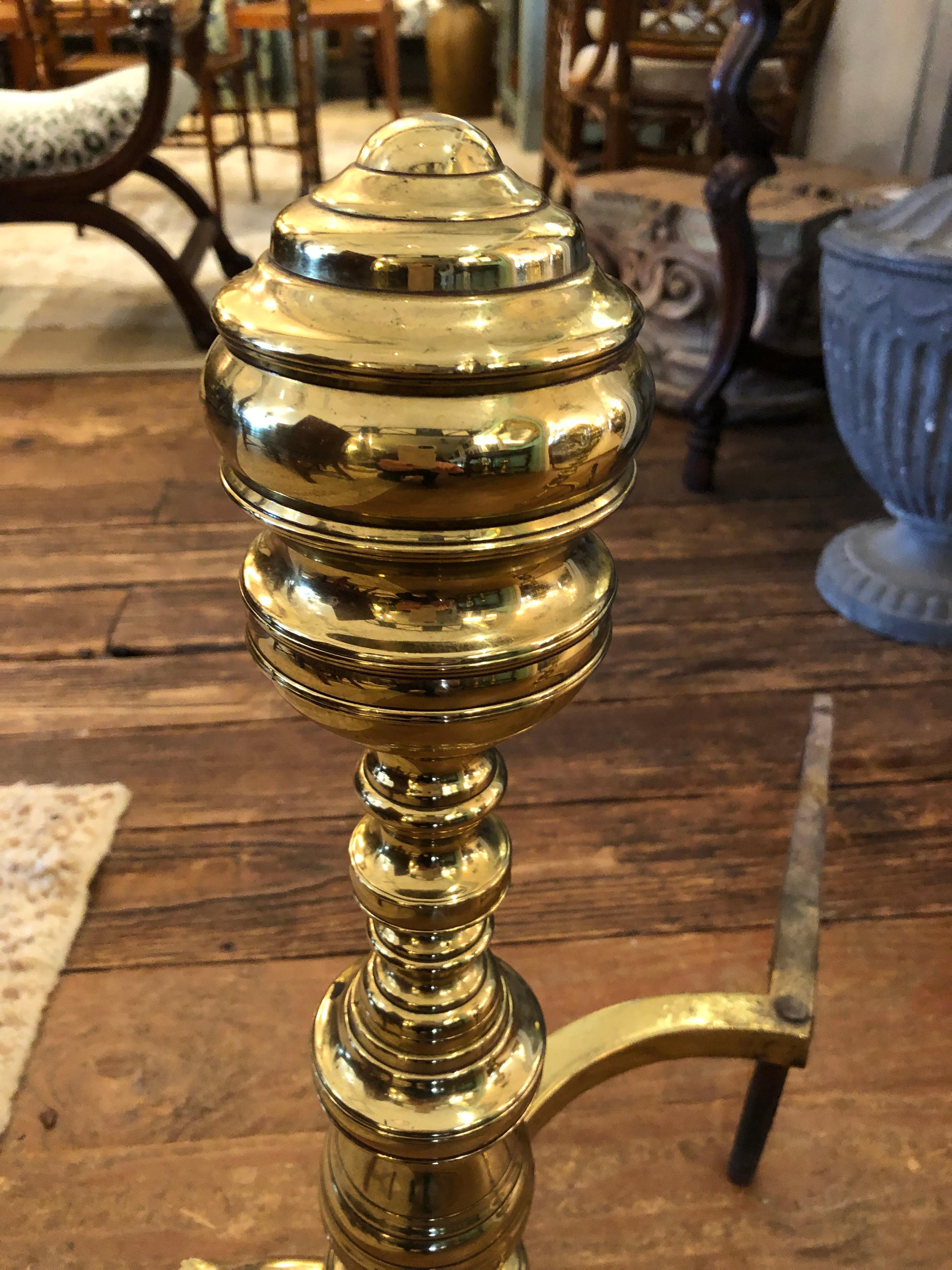 Classic Antique Beehive Chippendale Polished Brass Large Andirons For Sale 4