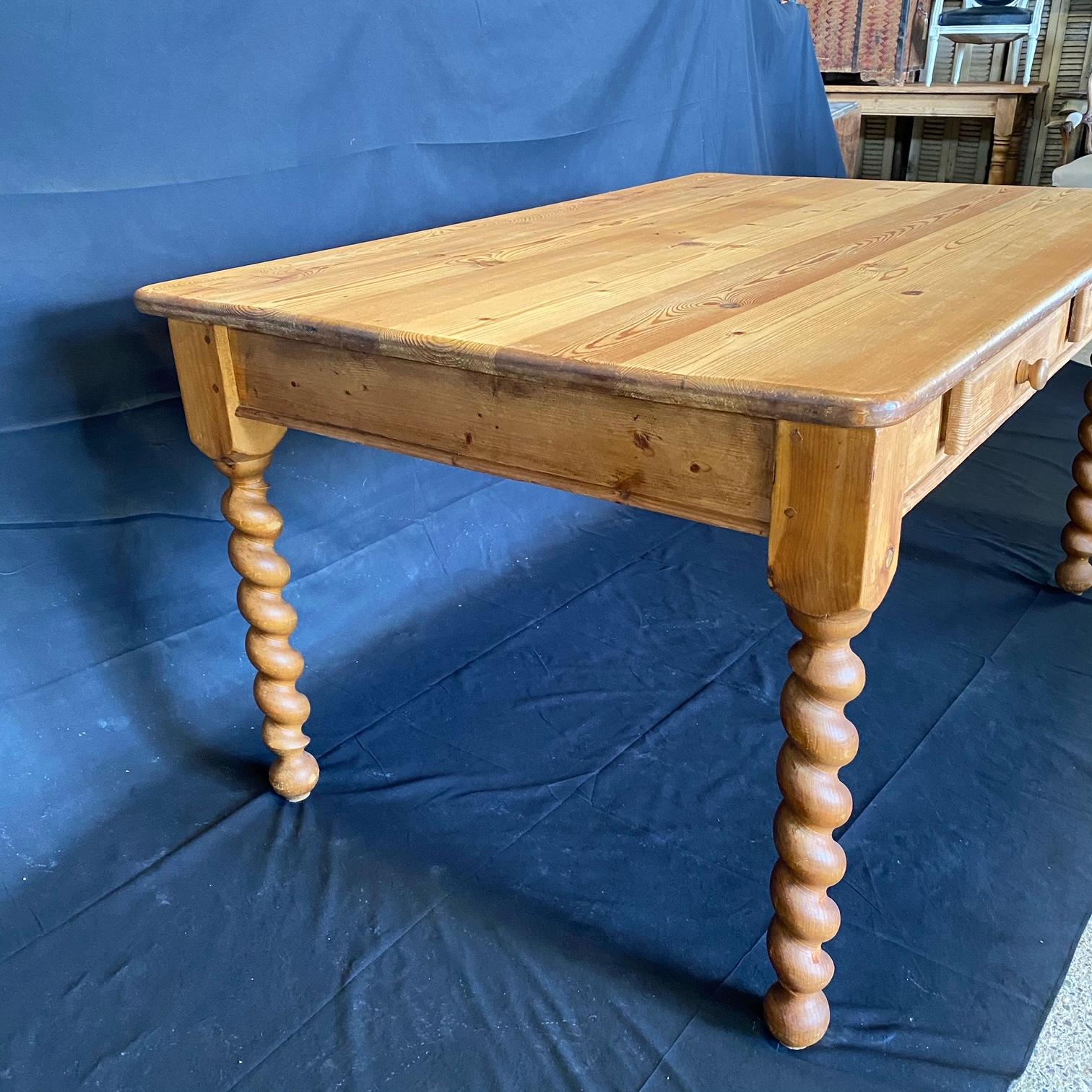 Charming English Antique Pine Farm Table Kitchen Island with Barley Twist Legs 2