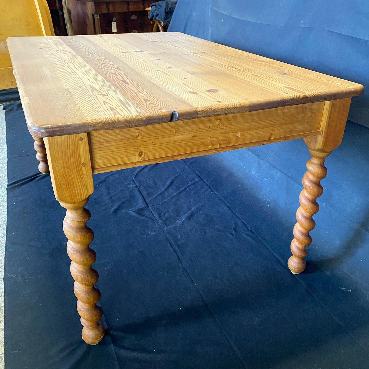 Charming English Antique Pine Farm Table Kitchen Island with Barley Twist Legs 3