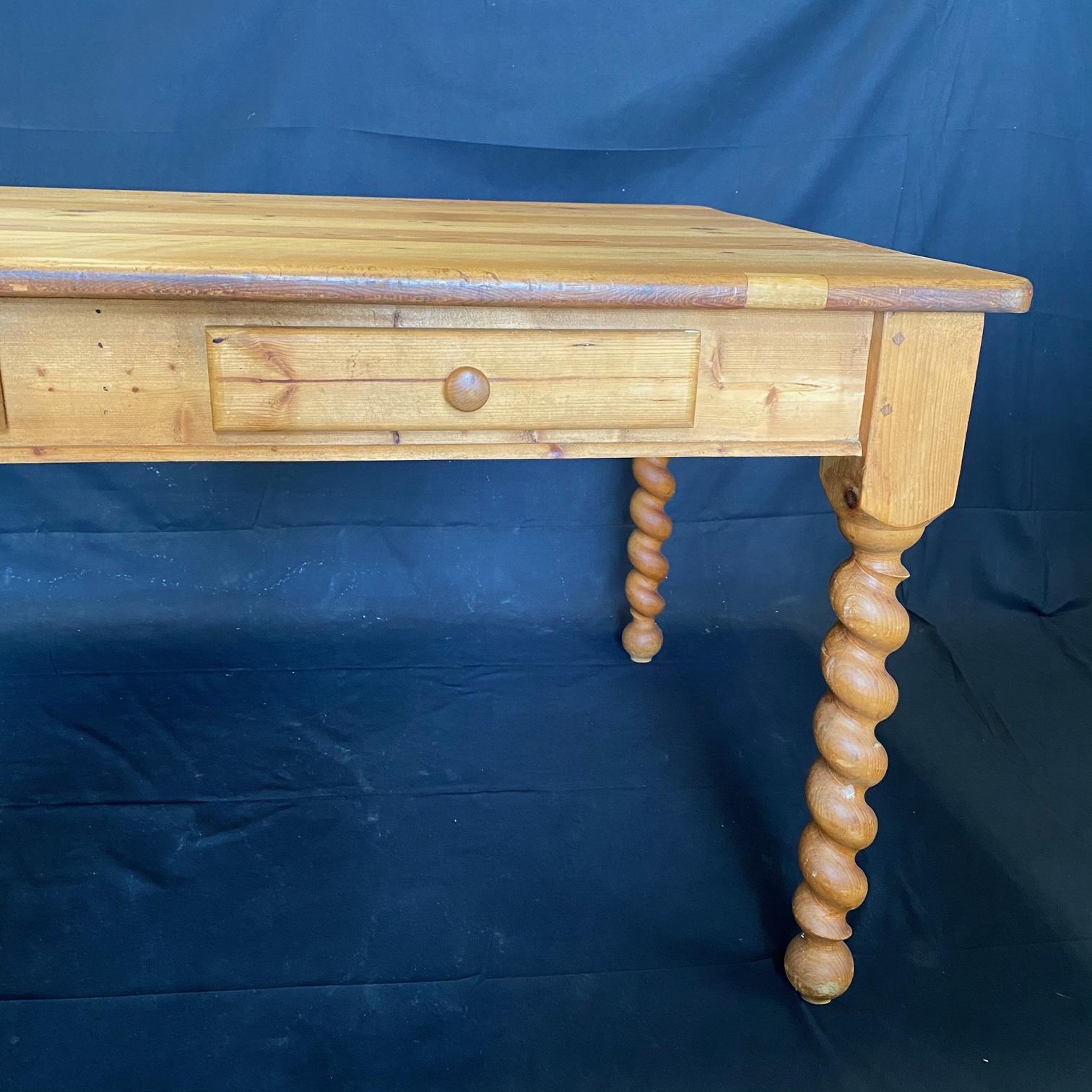 Country Charming English Antique Pine Farm Table Kitchen Island with Barley Twist Legs